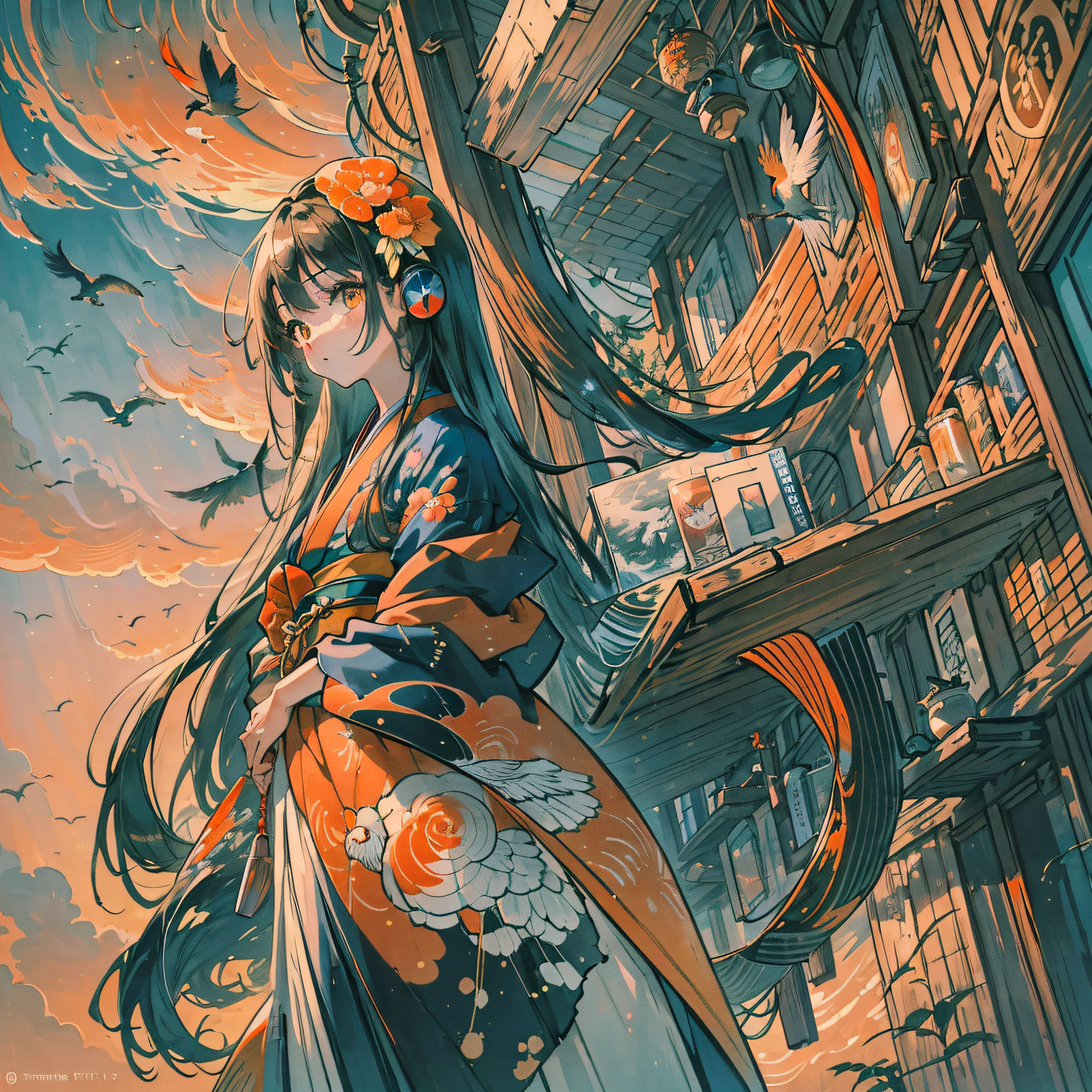 Masterpiece, best quality, {best quality}, {{masterpiece}}, {highres}, drawing, 2d digital drawing, anime, 1girl, anime girl, adult, exotic, long hair, colored hair, colors, colorful, orange sky, bird, bird, bird, swans, japanese clothing, kimono, ornithologist --auto --s2
