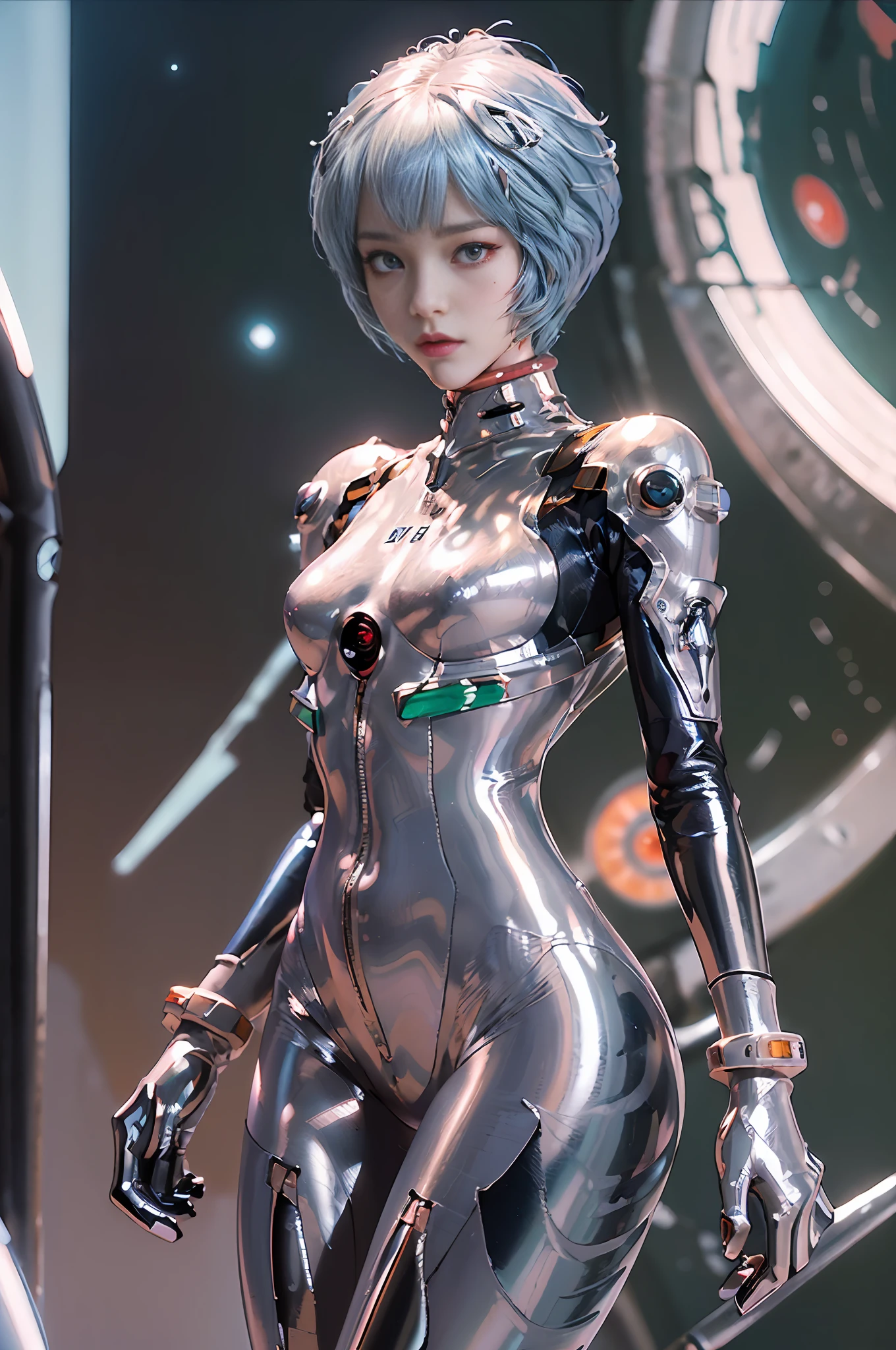 Masterpiece,NSFW,((Whole body:1.1))))), (Realistic),Photographs, Best Quality, 1 female,(tall)),Ear fold,(((Rei Ayanami, Plug Suit 00)))), ((((Red Eyes,Beautiful Face, Beautiful Eyes))), (Cute Face)), Wet Eyes, Face,Detail Face, Detail Lips, Detail Eyes, (Long Eyelashes), Double Eyelids, (Seductive Smile), ( (gentle look, fleeting expression)),(rubber suit with a strong metallic luster and smooth surface), (((((Sexy tight metallic shiny rubber suit)))), (thick black line)))), from the bottom, (upright), (camelt), (smooth body line)), pale short hair, (((pale thin eyebrows)), beautiful hair, (large round chest), Small logo pattern on the chest is zero, mecha suit, thin long waist, white skin, (turn around pose), ((night sky, spaceship)), (face and eye details: 1.1), loneliness, blush, (shy)), very delicate and beautiful girl, small logo pattern on the chest is zero, standing, (((legs closed pose)), (to8 contrast style), Small egg-shaped psychosensory apparatus on both sides of the head