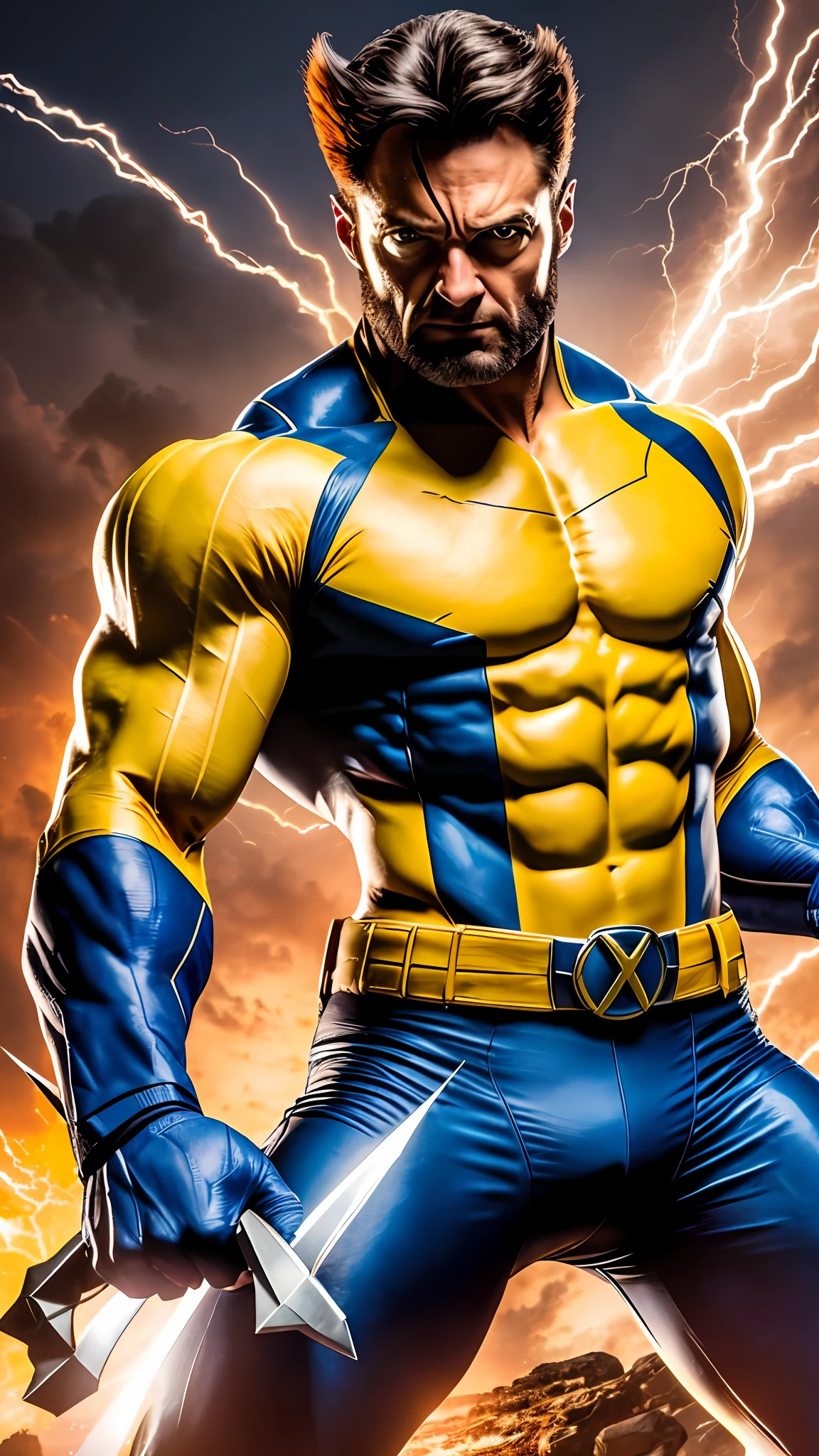 realistic photo of a classic X-Men Wolverine", with his iconic claws and yellow and blue costume, in a powerful, ready-to-fight pose, with a visually stunning background that highlights his strength and ferocity. The 8K resolution ensures every detail is captured captured, making this image a true masterpiece. This image will be the perfect tribute to the character and his enduring legacy in the X-Men franchise. —c 10 —ar 2:3 --auto --s2