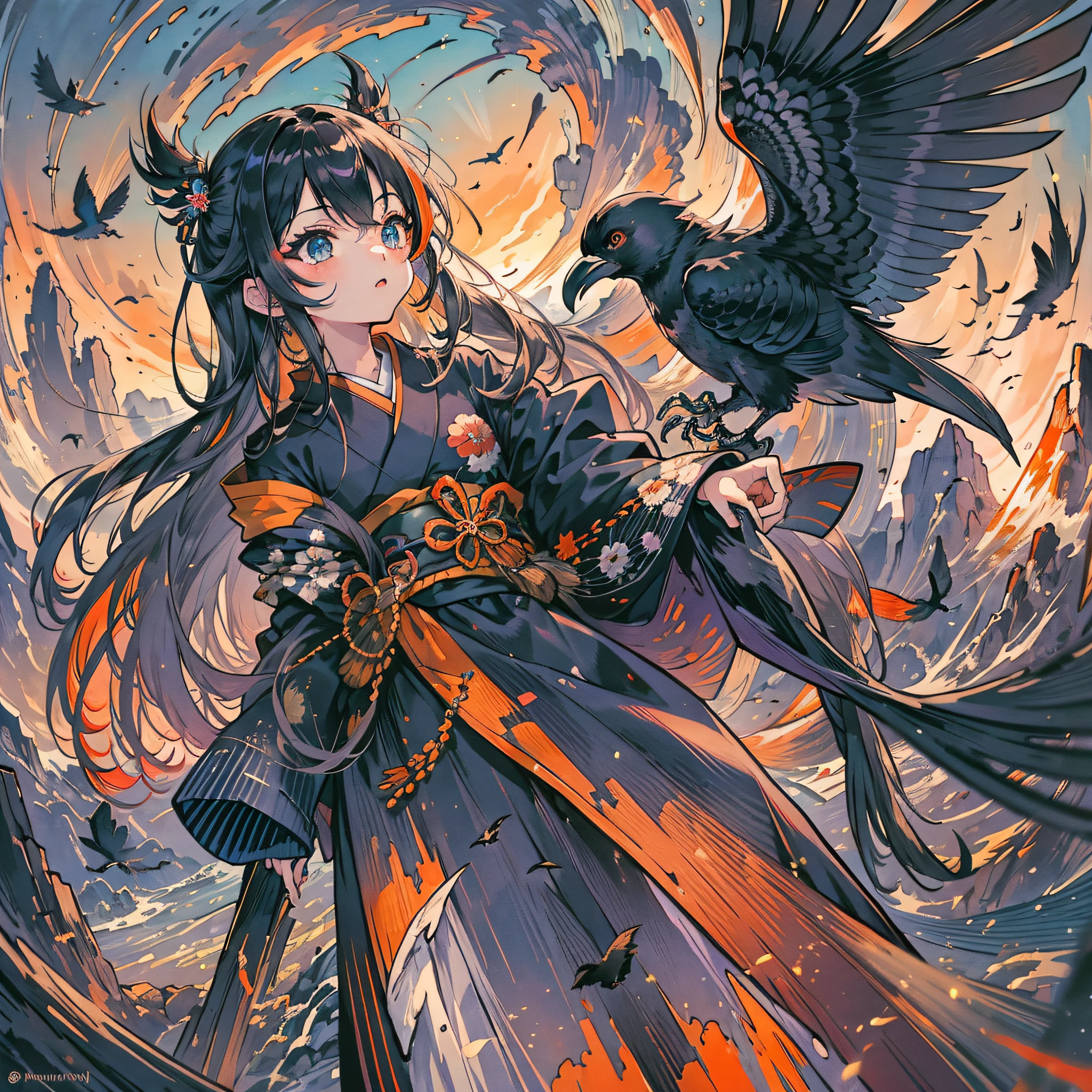 Masterpiece, best quality, {best quality}, {{masterpiece}}, {highres}, drawing, 2d digital drawing, anime, 1girl, anime girl, adult, exotic, long hair, colored hair, heterochromia, colors, colorful, orange sky, bird, bird, bird, raven, crow, japanese clothing, kimono, ornithologist, tengu --auto --s2