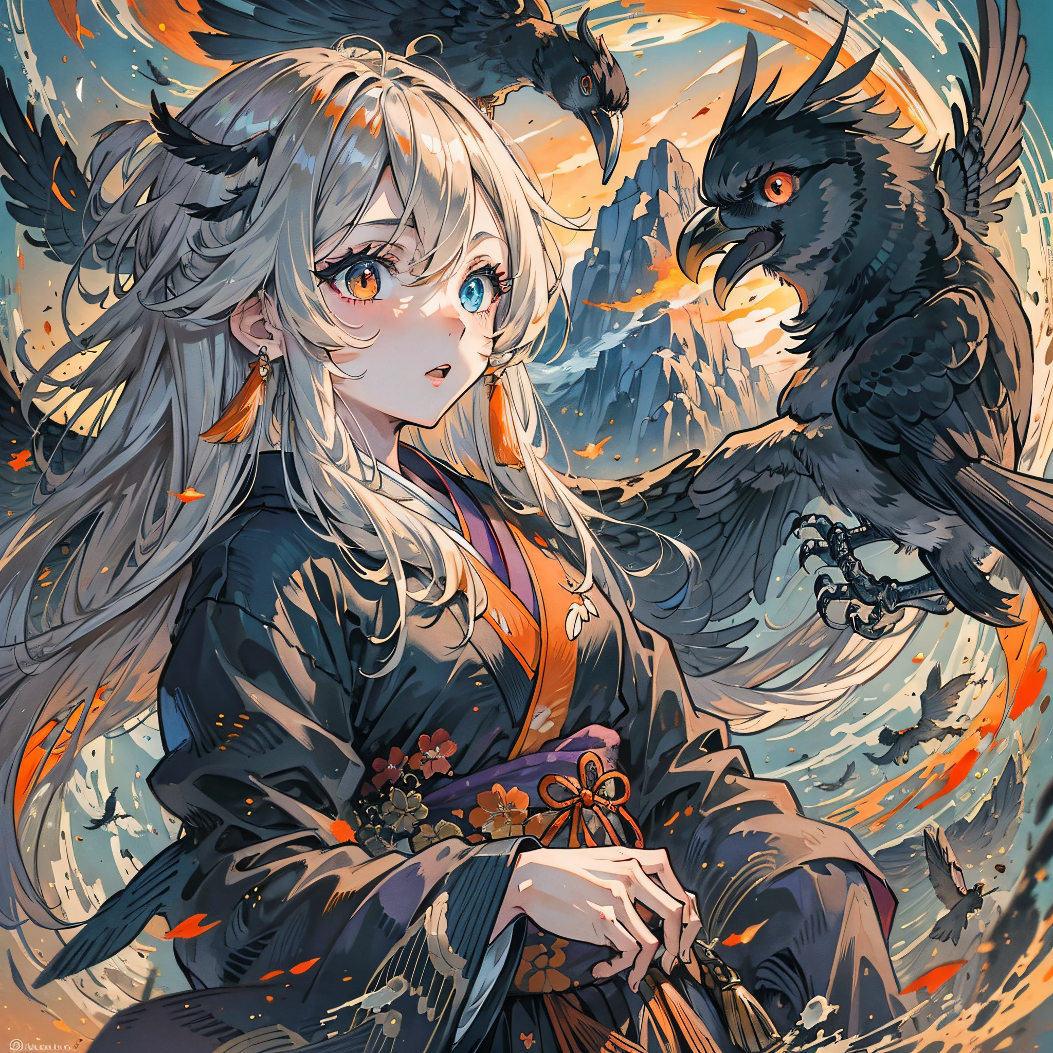 Masterpiece, best quality, {best quality}, {{masterpiece}}, {highres}, drawing, 2d digital drawing, anime, 1girl, anime girl, adult, exotic, long hair, colored hair, heterochromia, colors, colorful, orange sky, bird, bird, bird, raven, crow, japanese clothing, kimono, ornithologist, tengu --auto --s2