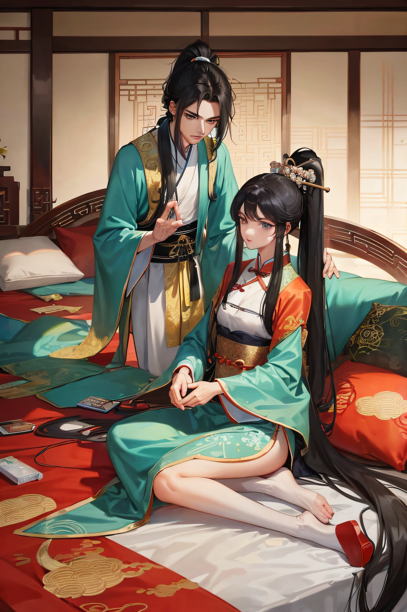 Masterpiece, Excellent, A Man, Chinese Style, Ancient Chinese, Black Hair, Gray Blue Eyes, Split Hair, Long Hair, Long Bangs, High Ponytail, Handsome, Masculine, Gentle, Tall, Quiet, Cyan Robe, Young Man, Expression Excited, A Woman, Chinese Style, Black Hair, Black Eyes, Long Hair, Long Bangs, Beautiful, Weak, Tang Dynasty Clothes, Ancient Chinese Clothes, Hair Ornaments, Zhu Zhao, They Lie on the Bed, Quaint Wooden Furniture,