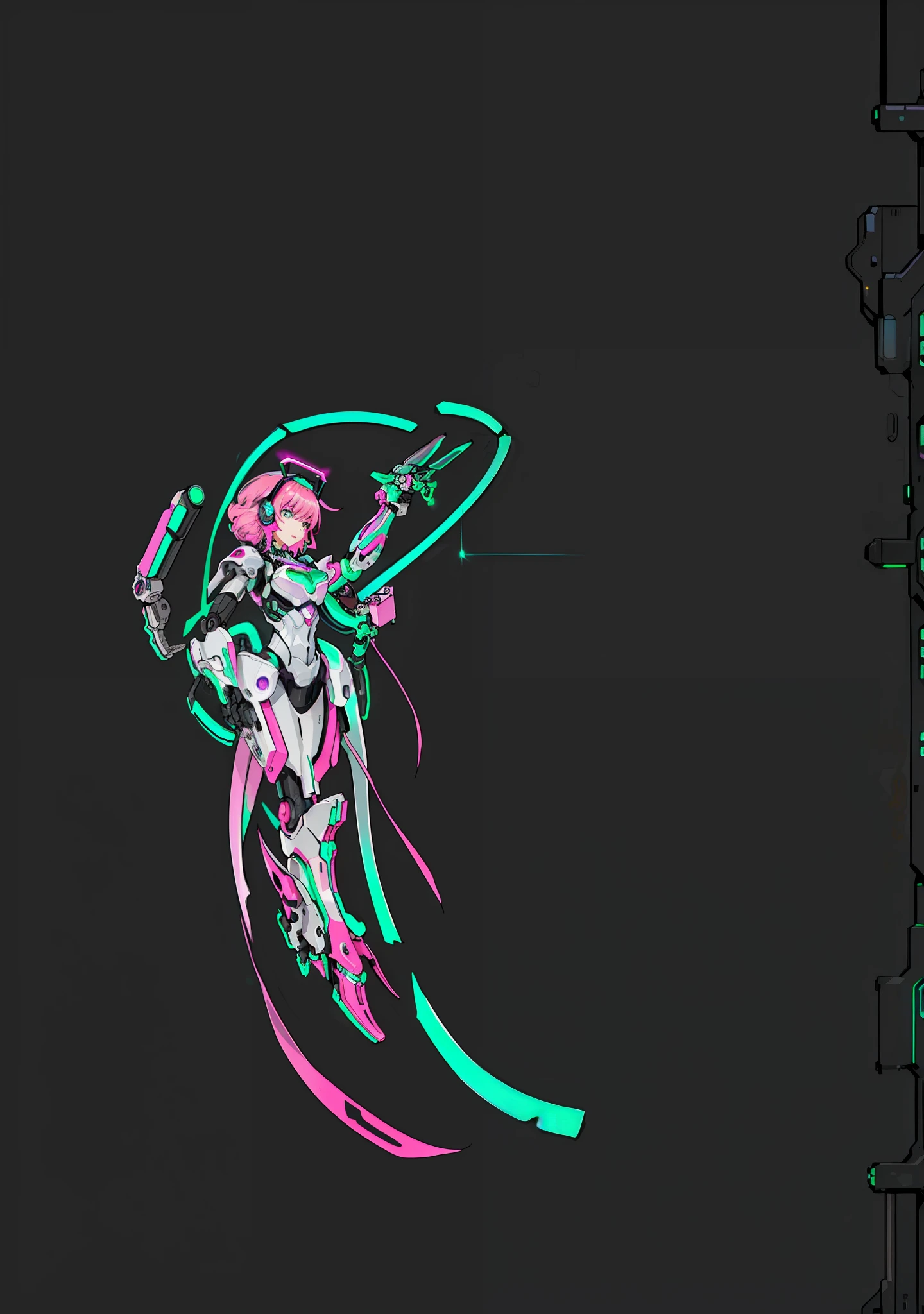 ((1girl, closeup, intricate details, (Cyberpunk: 1.4), robotic arm, (shiny neon armor:1.2), machine, , big, pink hair, drone, car)), neon city background, mechanical city