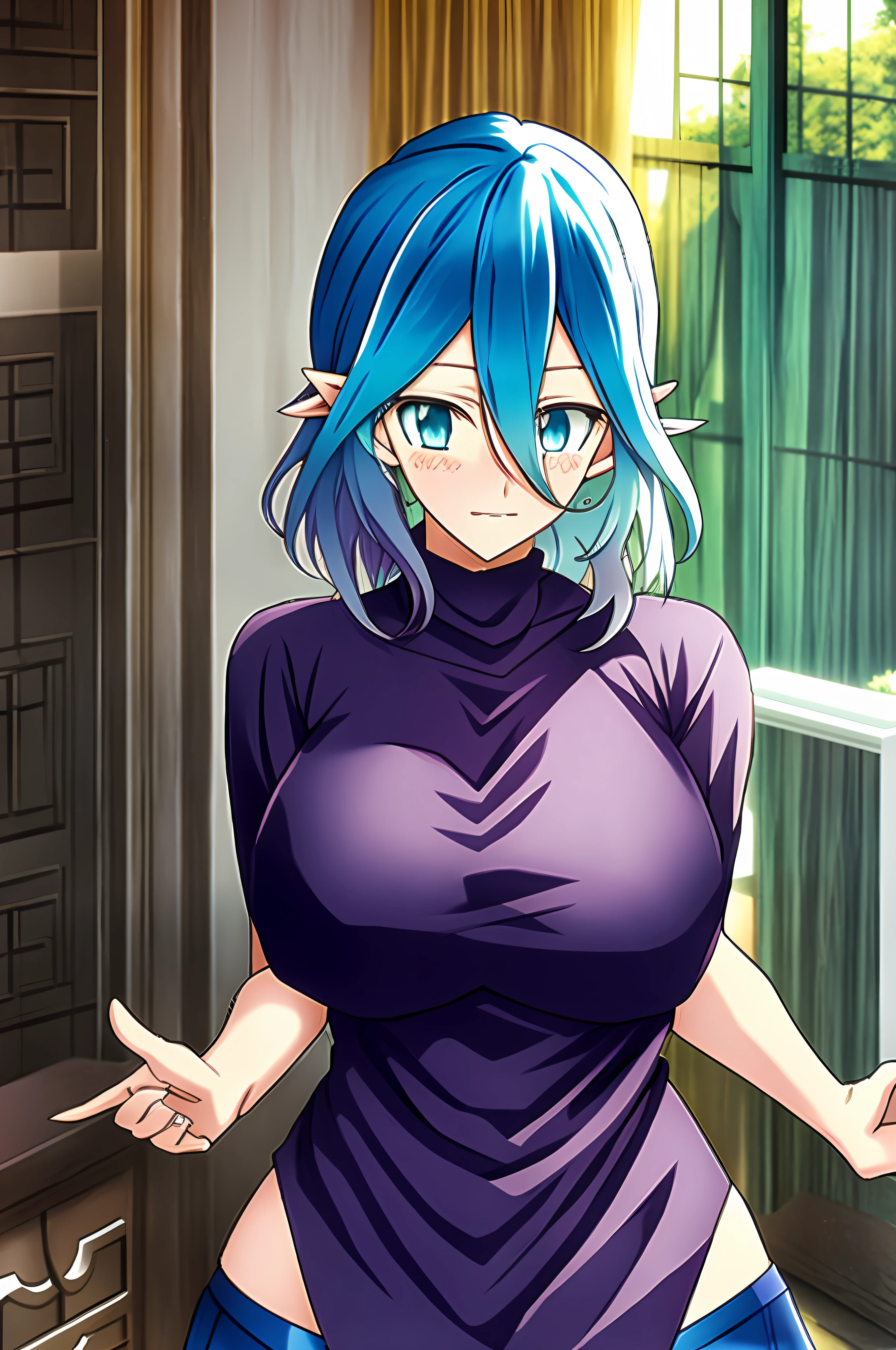 A shy and cute anime girl, with green hair and blue eyes, her shy countenance and large breasts sampled, dressed in an anime style, wearing a purple outfit with blue details, and a shy expression.