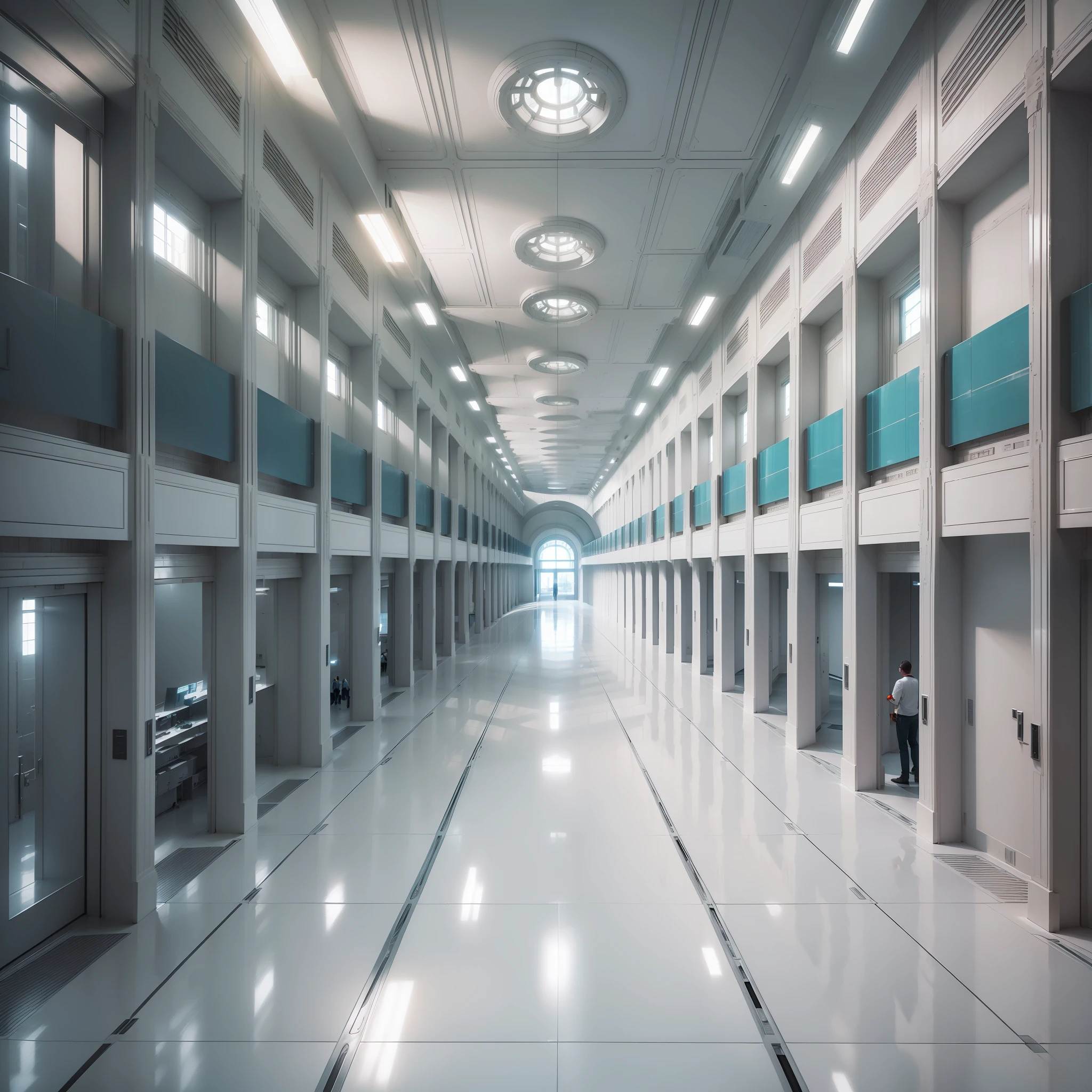 (((mega structure))), ((bird's eye view)), (massive futuristic white hallway with several stories), gray tile flooring, scientist lab, ten story facility, ((people walking down halls))