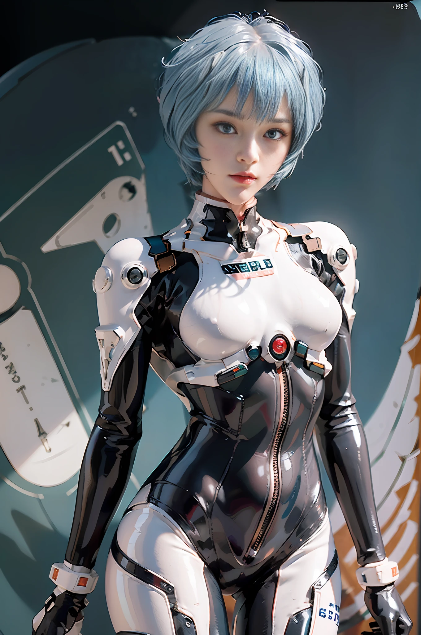 Masterpiece,NSFW,((Whole body:1.1))))), (Realistic),Photographs, Best Quality, 1 female,(tall)),Ear fold,(((Rei Ayanami, Plug Suit 00)))), ((((Red Eyes,Beautiful Face, Beautiful Eyes))), (Cute Face)), Wet Eyes, Face,Detail Face, Detail Lips, Detail Eyes, (Long Eyelashes), Double Eyelids, (Seductive Smile), ( (gentle look, fleeting expression)),(rubber suit with strong luster and smooth surface), ((((Sexy tight shiny rubber suit)))), (thick black line)))), from below, (upright), (camelt), (smooth body line)), pale short hair, ((pale and thin eyebrows)), beautiful hair, (large round chest), small logo pattern on the chest is zero, mechanical suit, Slender long waist, white skin, (turn around pose), ((night sky, spaceship)), (face and eye details: 1.1), loneliness, blush, (shy)), very delicate and beautiful girl, small logo pattern on the chest is zero, standing, (((legs closed pose)), (to8 contrast style), small egg-shaped psychosensory device on both sides of the head