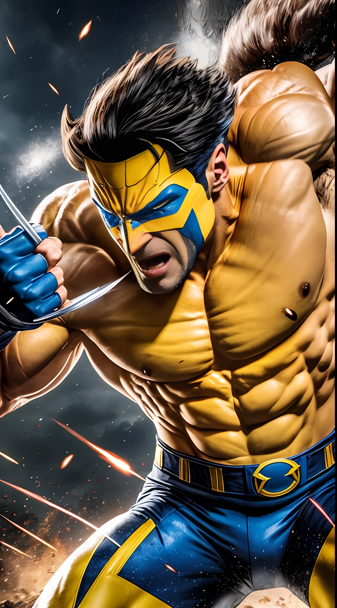 realistic photo of a classic X-Men Wolverine", with his iconic claws and yellow and blue costume, in a powerful, ready-to-fight pose, with a visually stunning background that highlights his strength and ferocity. The 8K resolution ensures every detail is captured captured, making this image a true masterpiece. This image will be the perfect tribute to the character and his enduring legacy in the X-Men franchise. —c 10 —ar 2:3 --auto --s2