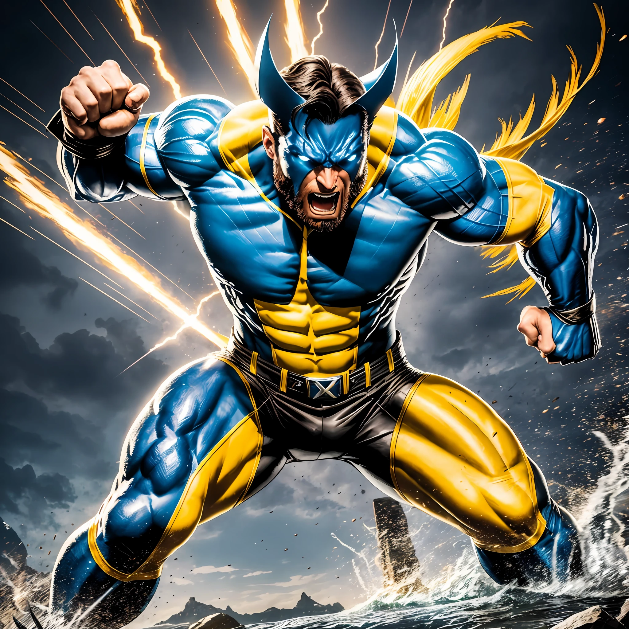 realistic photo of a classic X-Men Wolverine", with his iconic claws and yellow and blue costume, in a powerful, ready-to-fight pose, with a visually stunning background that highlights his strength and ferocity. The 8K resolution ensures every detail is captured captured, making this image a true masterpiece. This image will be the perfect tribute to the character and his enduring legacy in the X-Men franchise. —c 10 —ar 2:3 --auto --s2