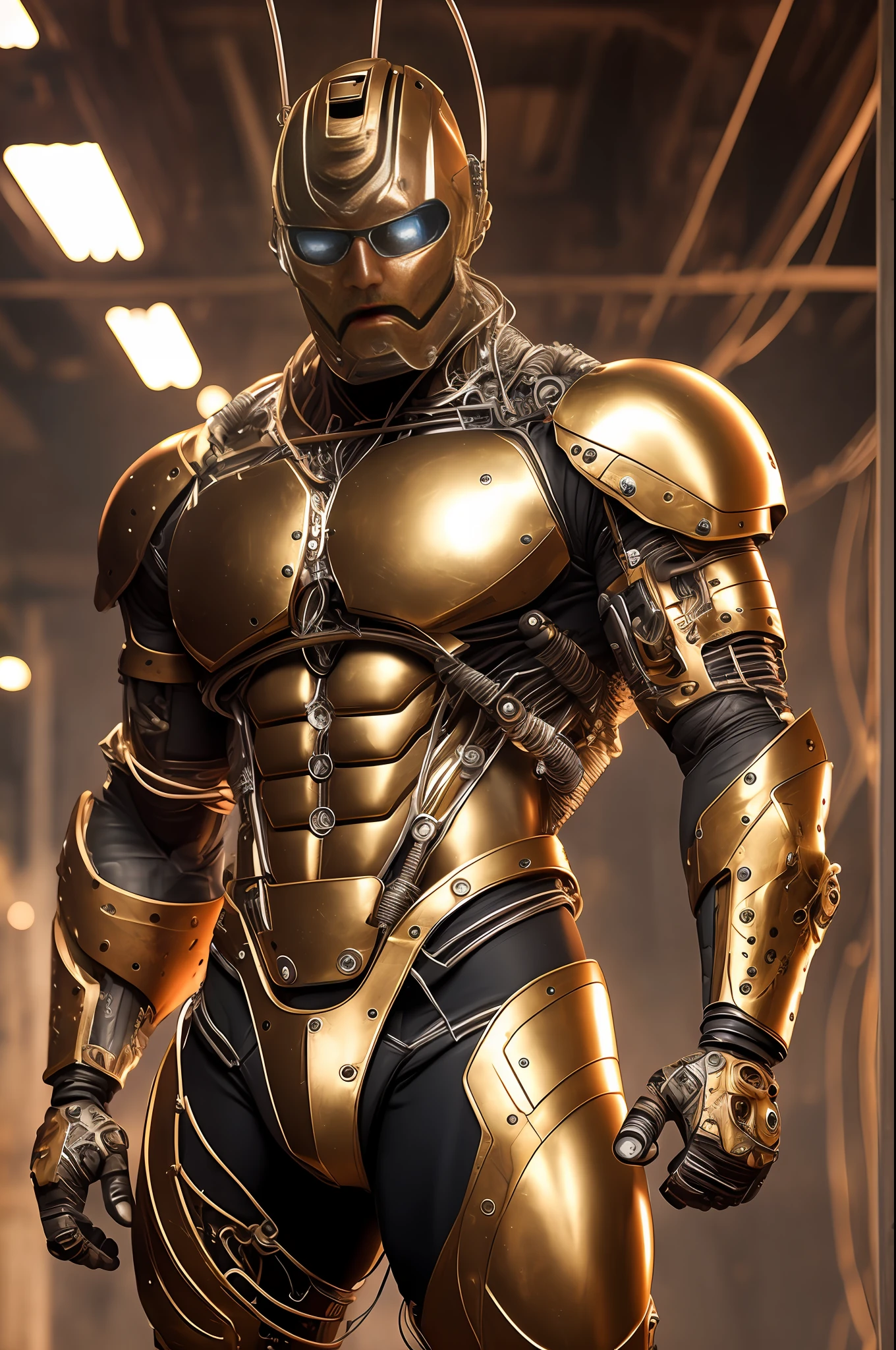 (Very attractive) muscular cyborg mature man with a (model face), chisled features, exposed wires, gold oil leaking from rusty wires, lights, extremely asthetically chiseled physique, old destress metal, huge Crotch bulge, --auto --s2