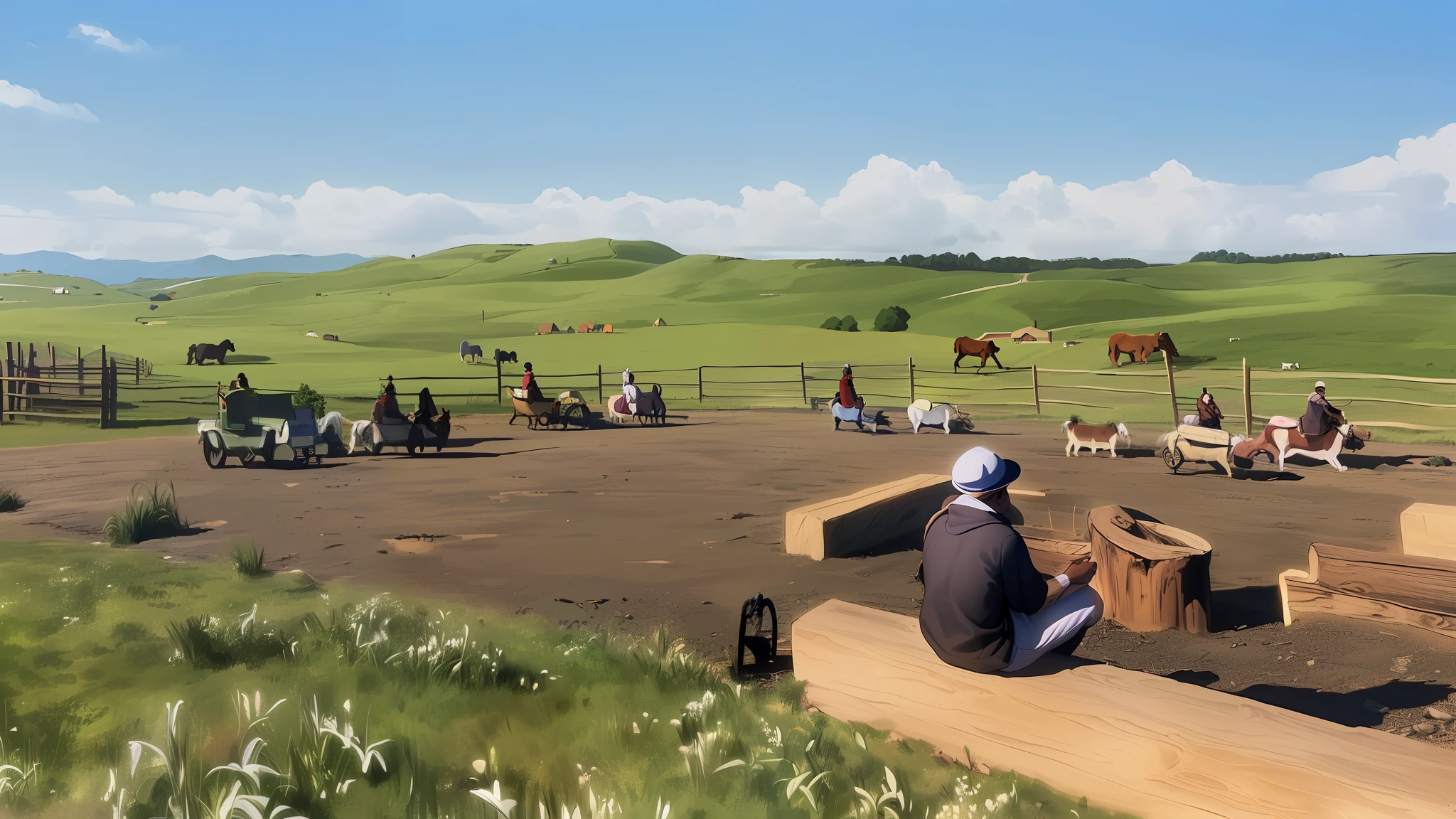 Horse farm rest area, add details of tool ornaments, horses running in the distance, real light and shadow