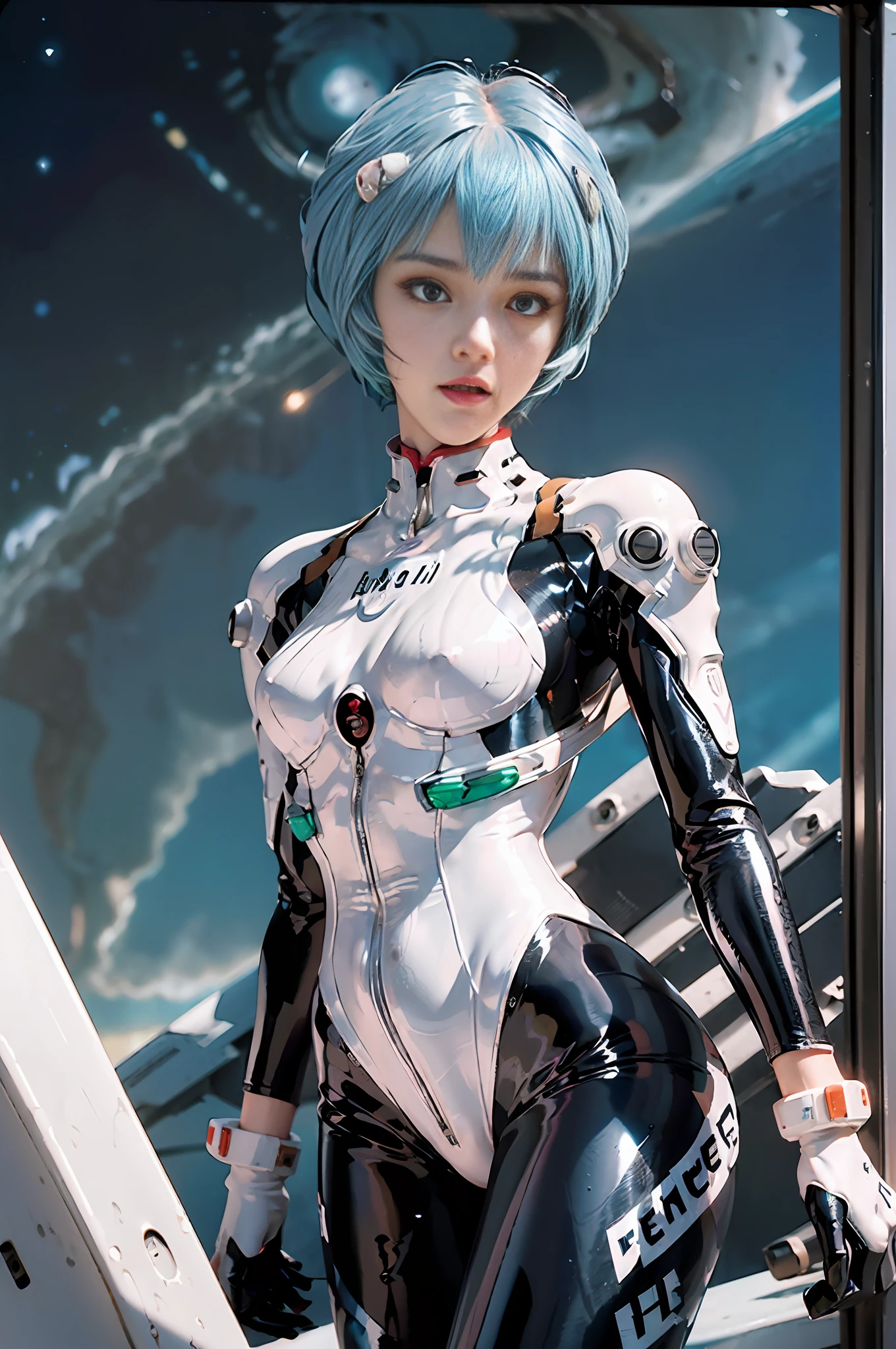 Representative work,NSFW,((Whole body:1.1))))), (Realistic),Photographs, Best quality, 1 woman,(((Tall))),Ear fold,((Rei Ayanami, Plug Suit 00))),(((Red eyes,Beautiful face, Beautiful eyes))), (Cute face))), Wet eyes, Face,Detail face, Detail lips, Detail Eyes, Long eyelashes, Double eyelids, (Seductive smile), ((Gentle expression, fleeting expression)) (Latex suit with strong luster and smooth surface), ((Sexy tight shiny latex suit)))), (thick black line)))), From the bottom, (erect, (camelt), (smooth body line)), pale short hair, ((pale thin eyebrows)), beautiful hair, (large round chest), small logo pattern on the chest is zero, mechanical suit, thin waist, white skin, turn around, ( (Night Sky, Spaceship)), (Face and Eye Details: 1.1), Loneliness, Blush, (Shy)), Very delicate and beautiful girl, small logo pattern on the chest is zero, standing, ((legs closed pose)), (TO8 contrast style), small egg-shaped psychosensory device on both sides of the head
