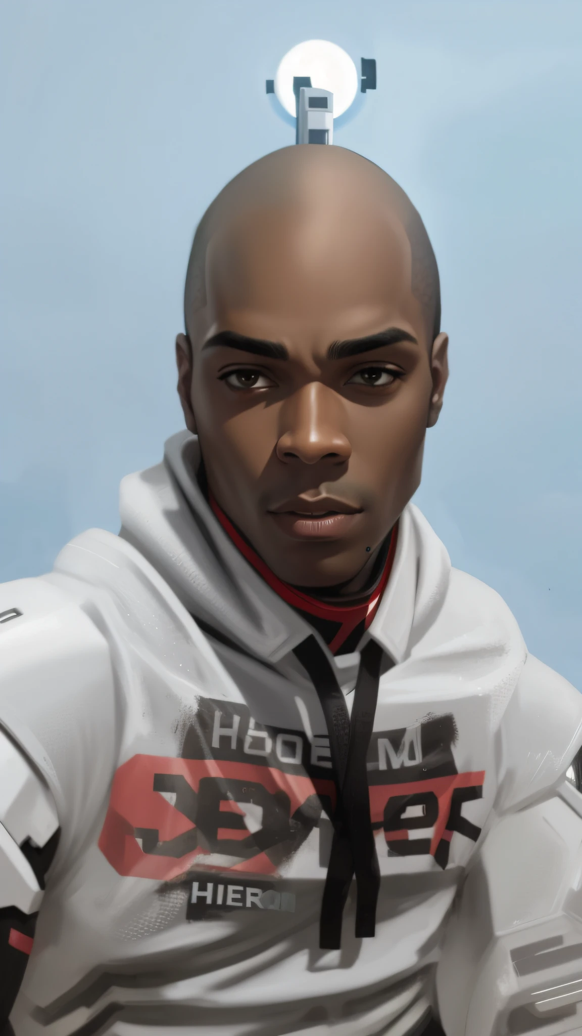 hero with black skin, 8k, ultra realistic, male face, body of cyborg.