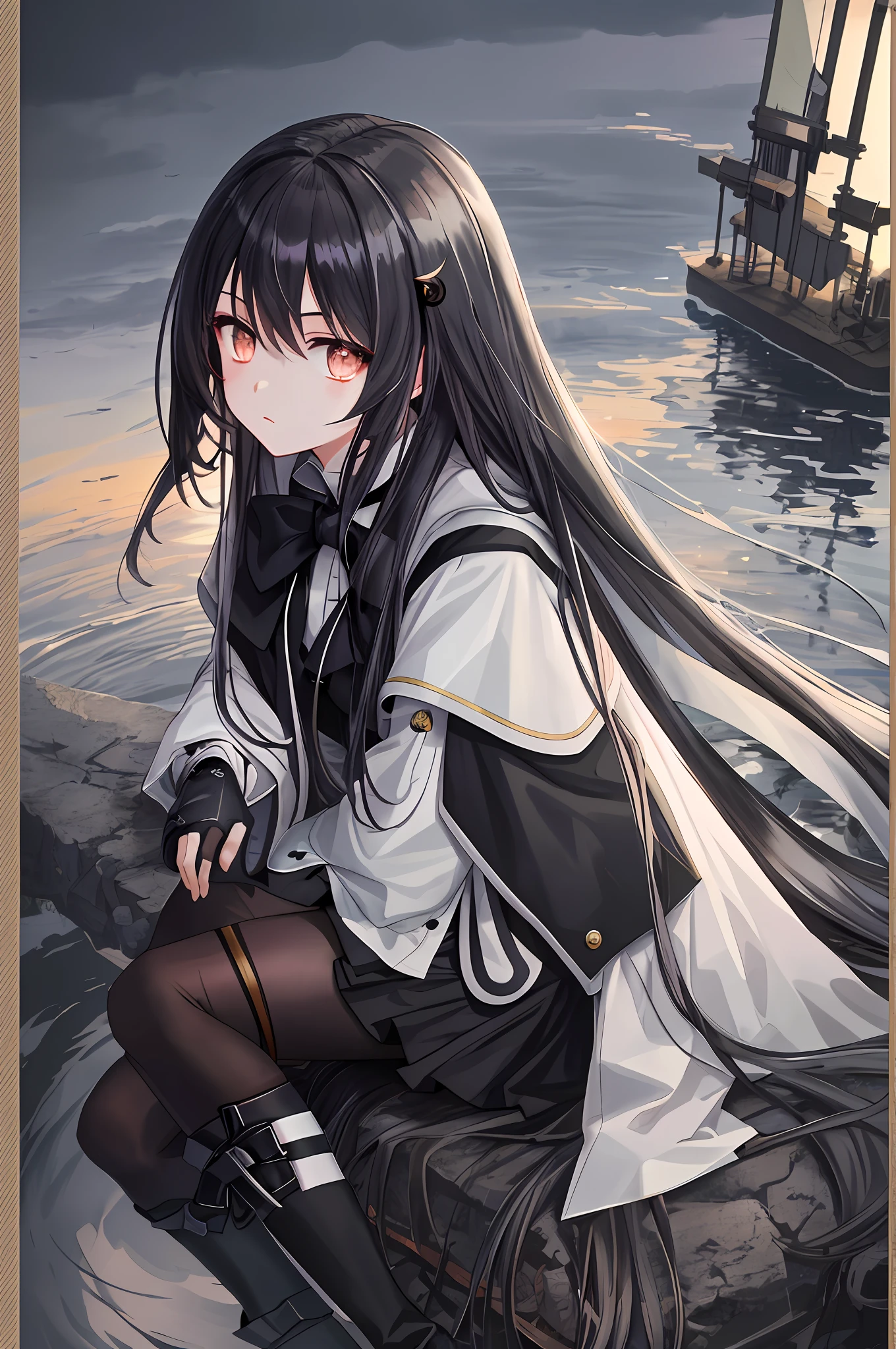 Masterpiece, best quality, fine detail, beautiful detail sky, under sunset reflection, dark shadow, dim light, girl, anime, long hair, black and white hair, crescent hair card, gaze, gray eyes, unilateral stockings, bandage on leg, black leg loop, boots, fingerless gloves