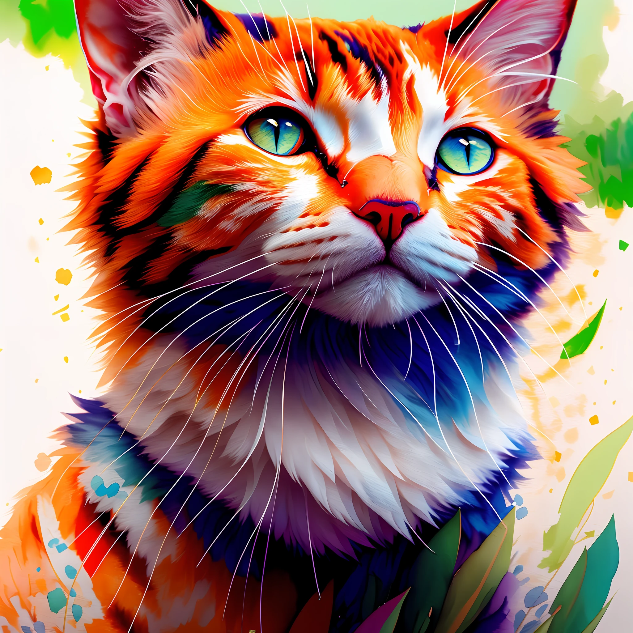 brightly colored cat with blue eyes and green eyes sitting in front of a white background, cat. digital painting, adorable digital painting, digital painting highly detailed, vibrant digital painting, highly detailed digital painting, colorful digital painting, vibrant realistic colors, stunning digital painting, painted in bright water colors, detailed painting 4 k, beautiful digital artwork, digital art animal photo, glossy digital painting