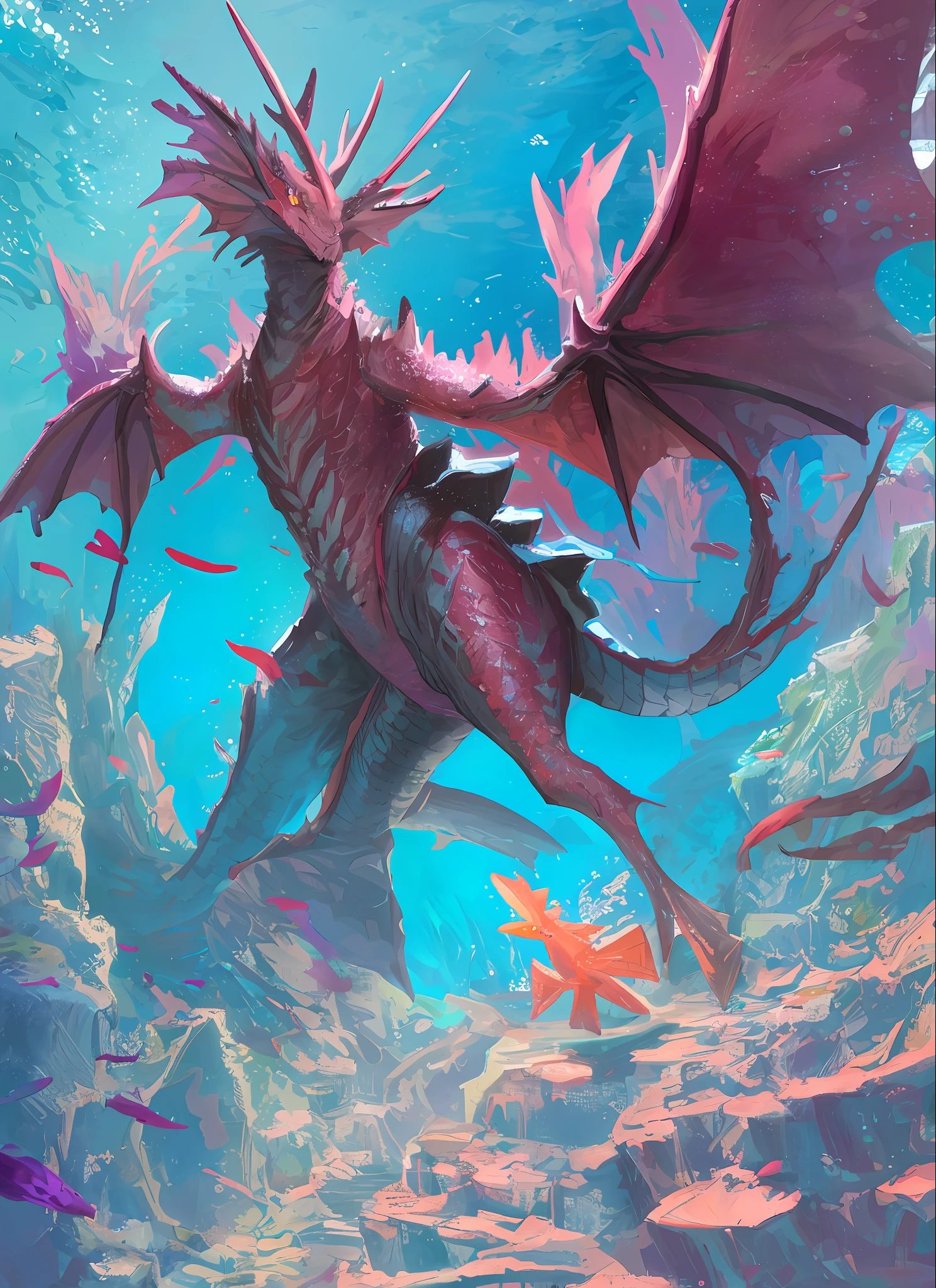 A fantastic dragon with fins on its hands and feet Electric leakage Under the sea Coral reef