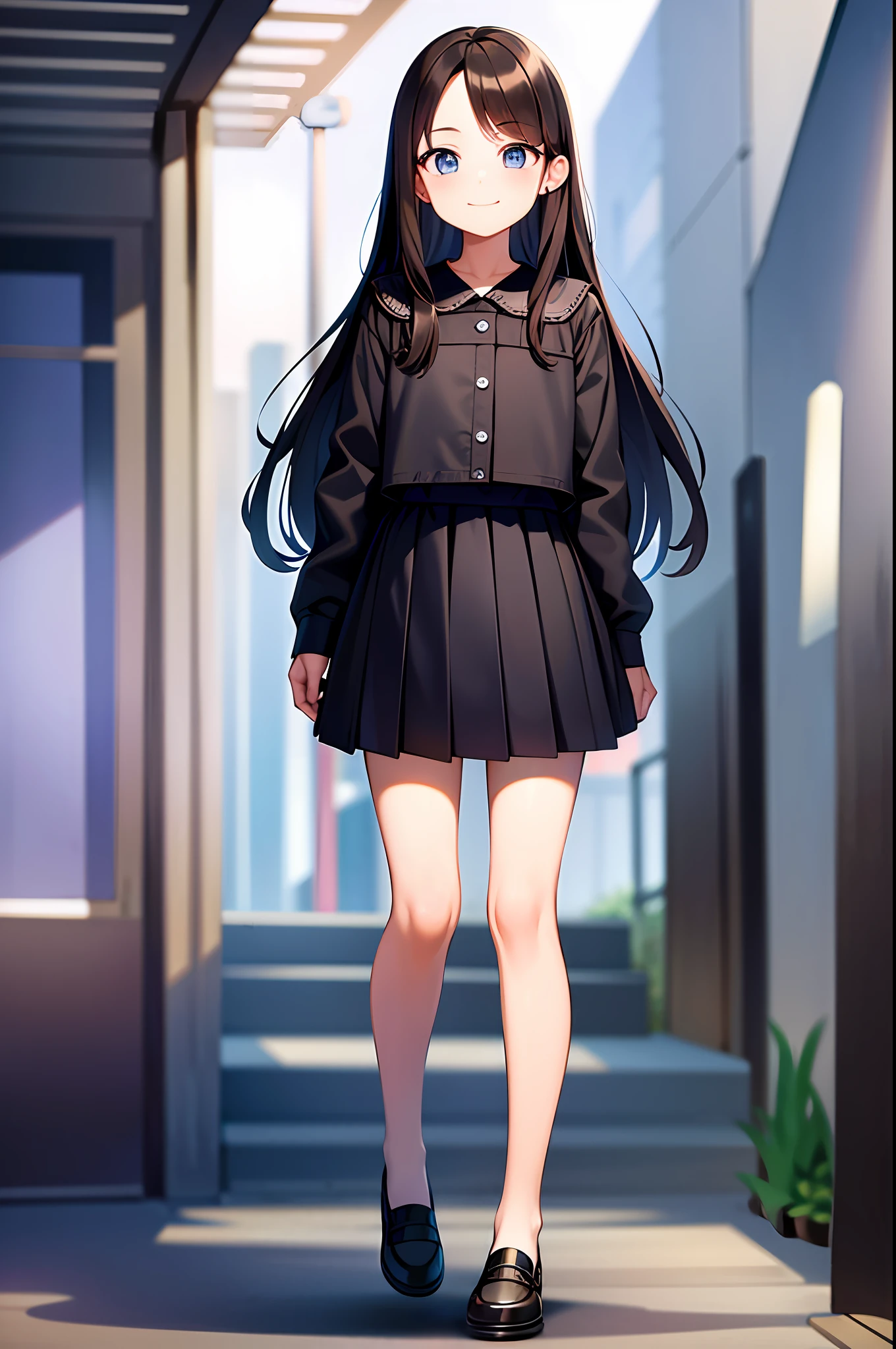solo, herta, (Masterpiece:1.2, high quality), (pixiv:1.4), (1girl:1.2), (solo:1.2), medium_face, black medium to long hair, forehead open, blue + long_eyes, smile, Light_face, flat, casual outfit, black long skirt, standing, standing straight, (full body), (blurry background), outdoor
