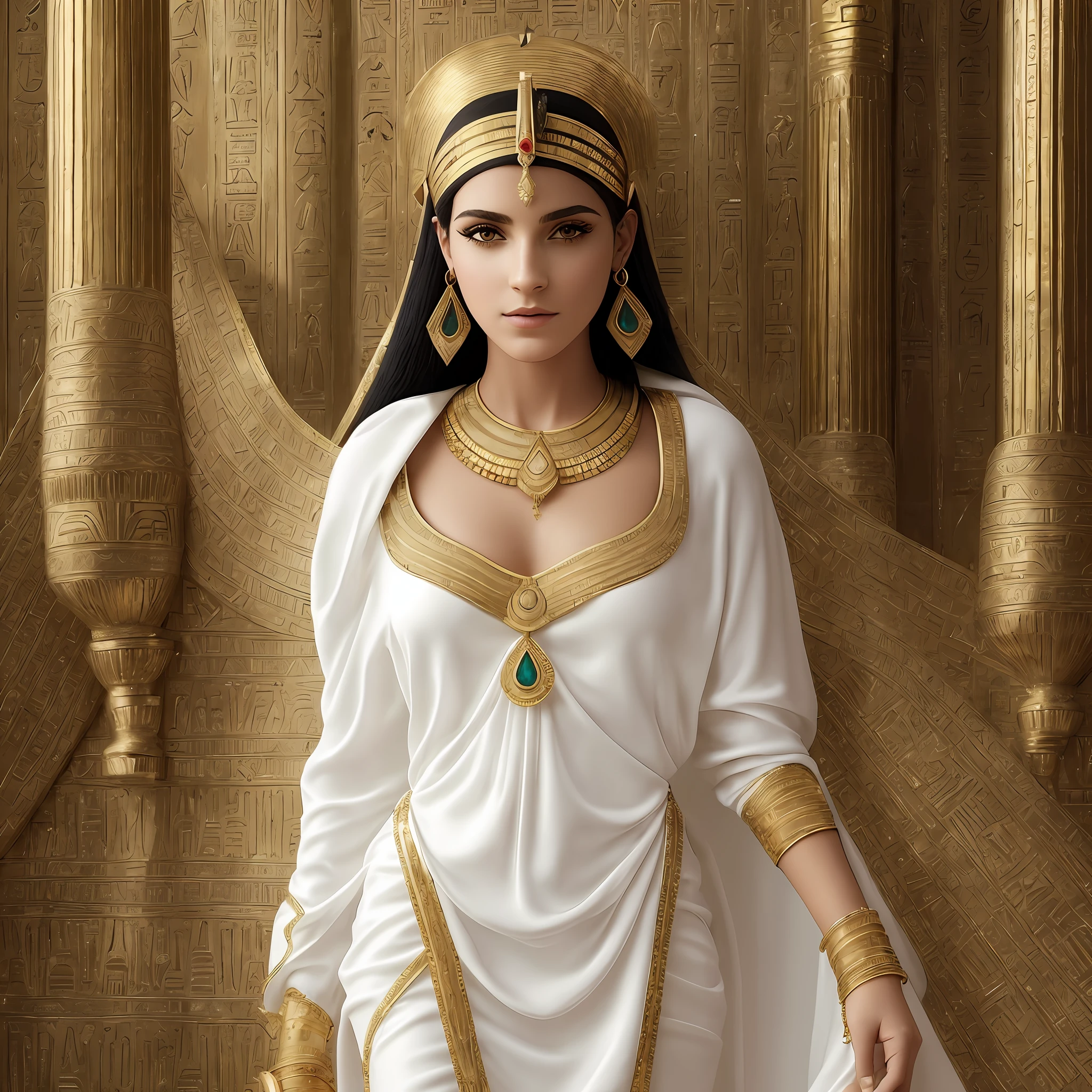 arafed woman in a white dress and gold jewelry standing in front of a golden wall, egyptian princess, beautiful cleopatra, a beautiful fantasy empress, cleopatra portrait, ancient libu princess, black emma watson as egyptian, goddess. extremely high detail, egyptian clothing, cleopatra, white and gold priestess robes, egyptian clothes, portrait of cleopatra, persian queen, beautiful goddess