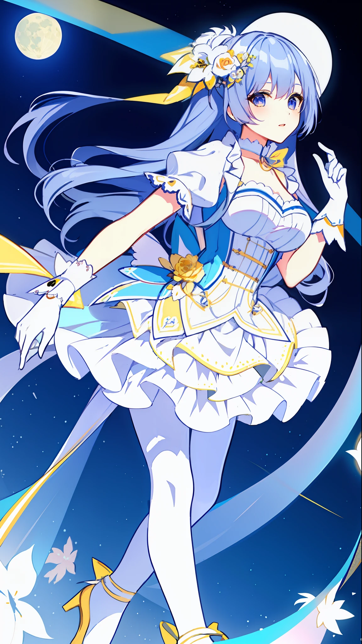 Left-facing, ((((Masterpiece)))), (((Best Quality))), (((Very Detailed))), Detailed Fingers, Illustration, 1 Girl, Solo, Long Sky Blue Hair, Violet Colored Eyes, Flower Hair Ornament, White Feather Hair Ornament, Yellow Moon Hair Ornament, Wide Open ?????, ?????????????, Large White Ribbon at the Waist, Yellow Idol Dress, With White Flowers, Choker with Yellow Ribbon, White Gloves, White Tights , Yellow Shoes, MIKU, Dynamic Pose,