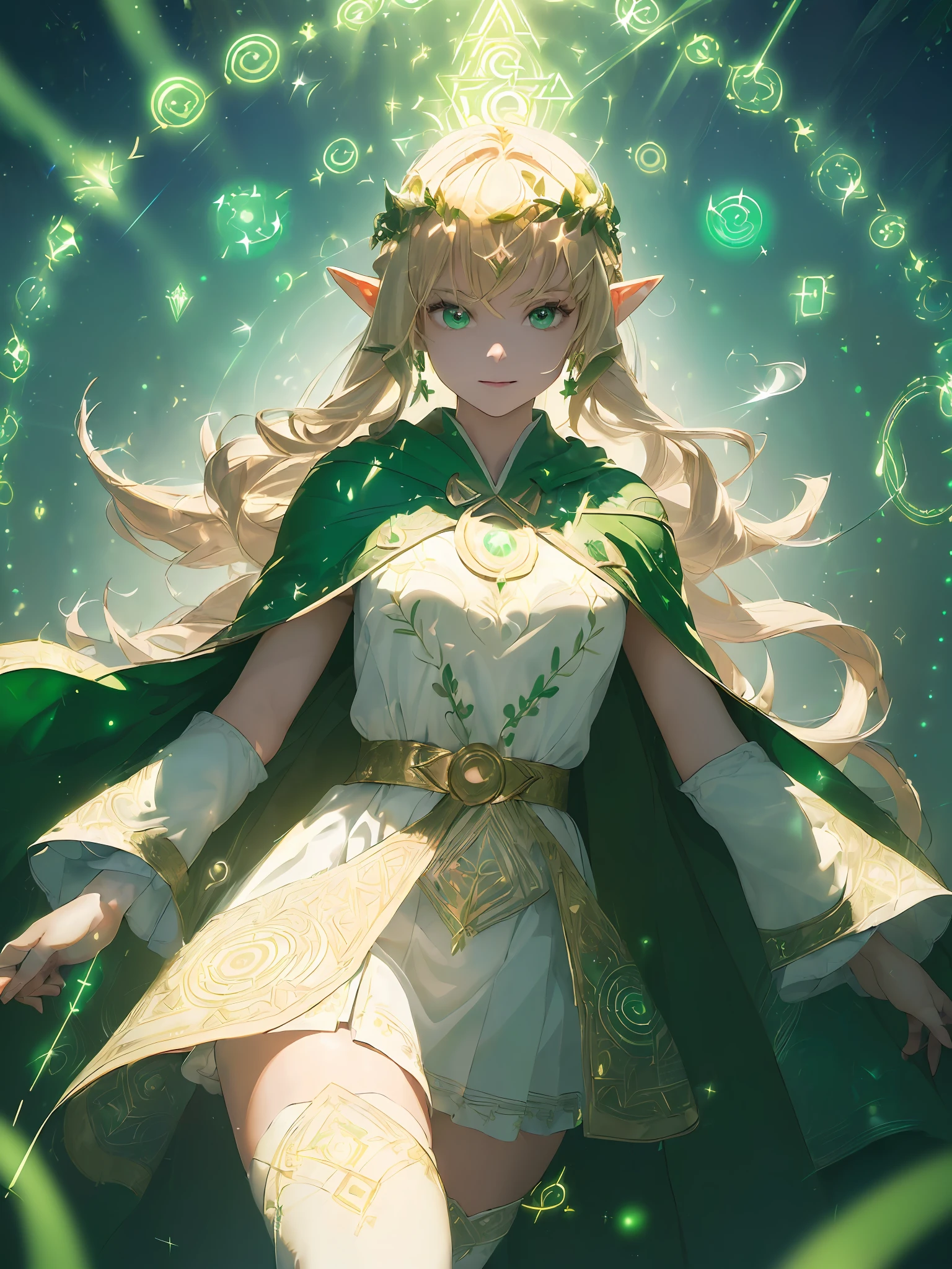 (((Masterpiece, highest quality, high definition, high detail)))), ((((Fantasy)))), one, (Elf woman)))), (short white skirt embroidered with gold), (Blonde long straight hair), (Fine dark green eyes)))), (Green cloak armor with gold embroidery)), Big, (Strong wind), (Cast spells)), (A lot of glowing grains are flying), ((( A vortex of light gathers in the chest))), ((((Behind it are many magic circles of light with geometric patterns and magic letters))), ((Many glowing green arrows are shot from the right hand)), forest, magic circles are reflected in the cloak