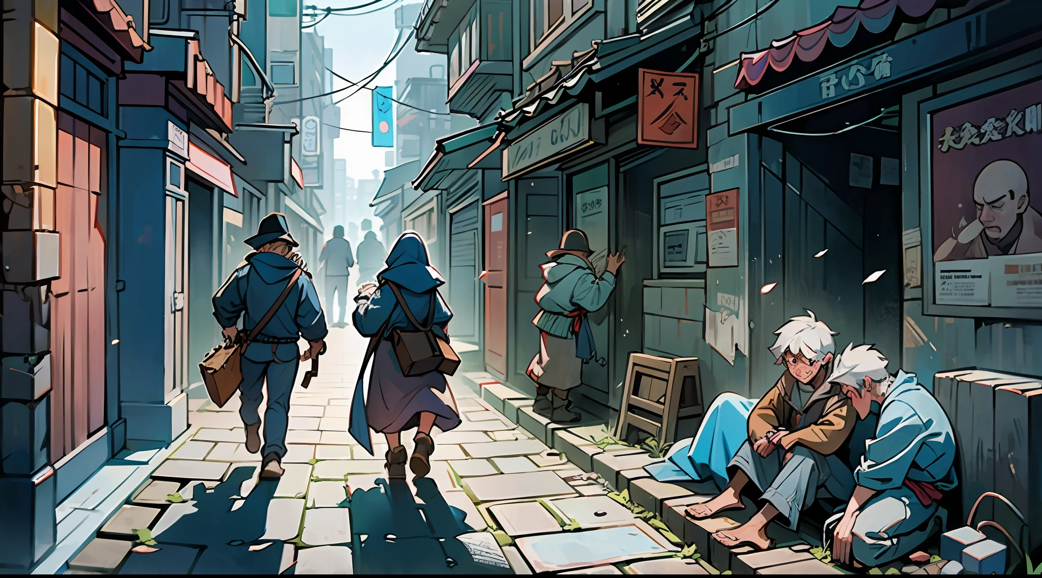 A harrowing social scene, with helpless pedestrians walking tiredly in poor alleys, beggars begging passers-by for a little sympathy, brutal brawls shattering the tranquility, and theft filling dark corners.