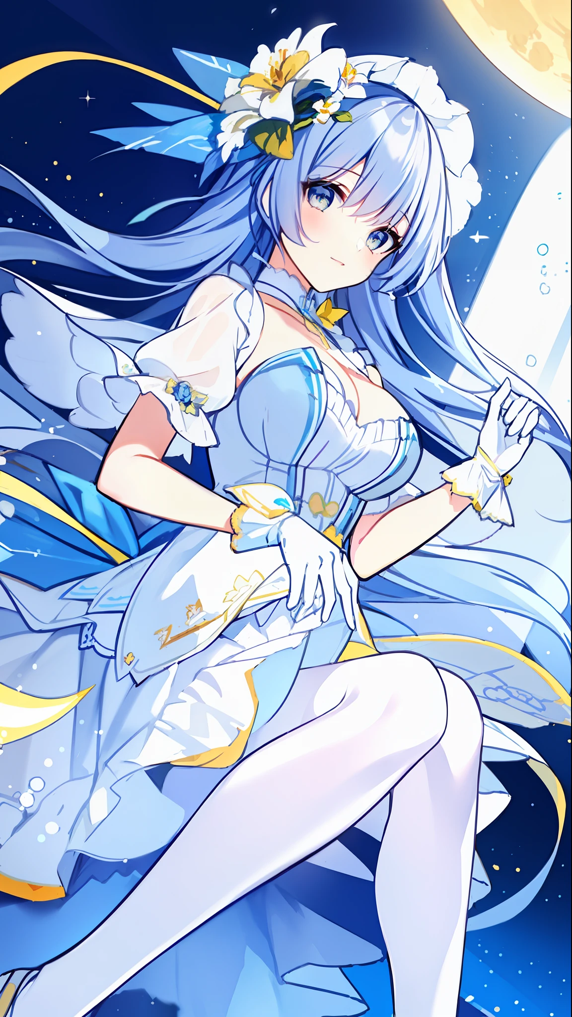 Left-facing, ((((Masterpiece)))), (((Best Quality))), (((Very Detailed))), Detailed Fingers, Illustration, 1 Girl, Solo, Long Sky Blue Hair, Violet Colored Eyes, Flower Hair Ornament, White Feather Hair Ornament, Yellow Moon Hair Ornament, Wide Open Chest, Large Breasts, Large White Ribbon at the Waist, Yellow Idol Dress, With White Flowers, Choker with Yellow Ribbon, White Gloves, White Tights , Yellow Shoes, MIKU, Dynamic Pose,