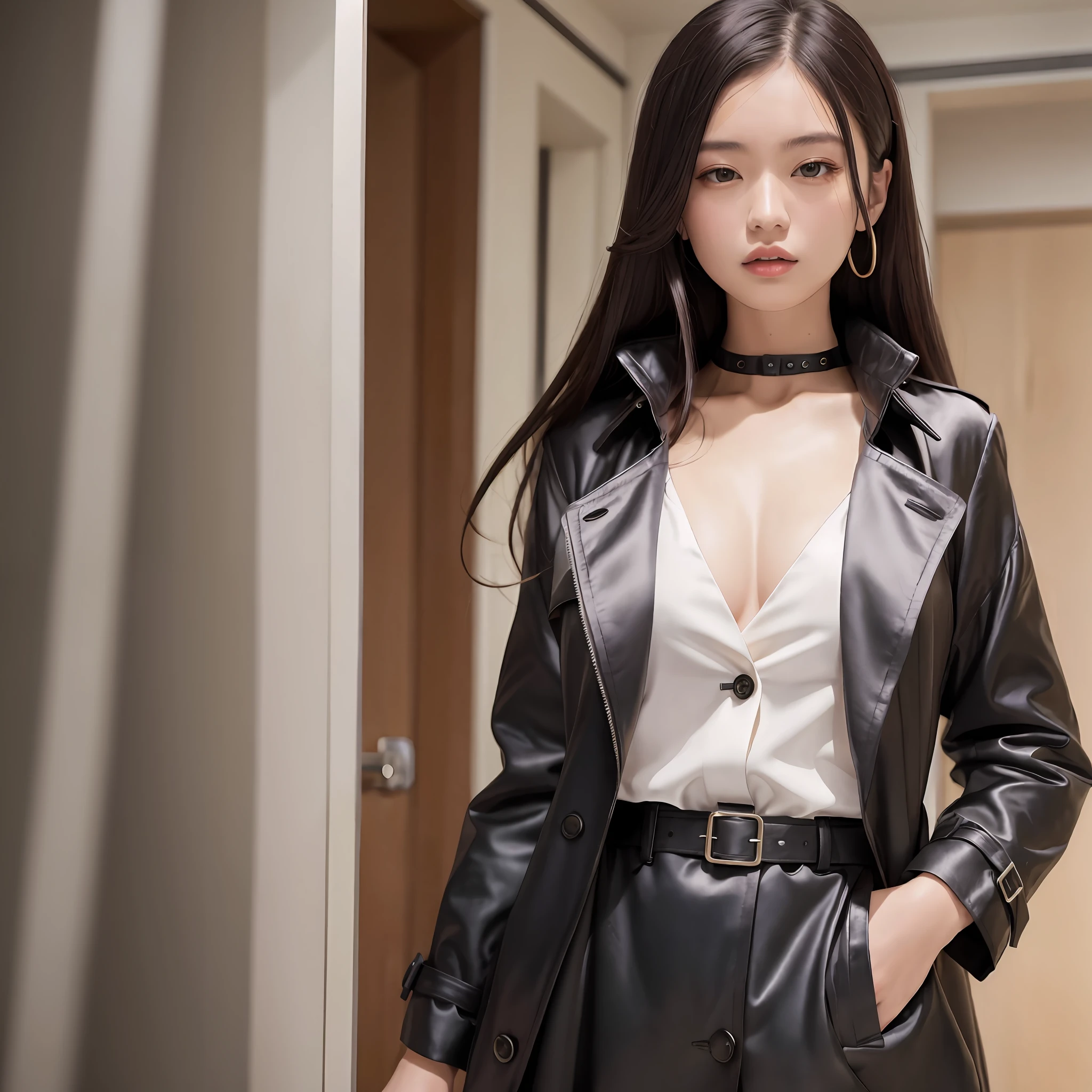 Wear a satent wrench coat, the material of the trench coat is satin, strong shiny, soft and smooth to the touch, the buttons in front of the trench coat are fastened, under the trench coat wear a satin blouse, no bra is on, the collar of the blouse should be outside the coat, the blouse fitted blouse, the chest is C cup, Japan fashion model, wear a shirt, One beautiful woman in a coat, the place is the bedroom of the hotel