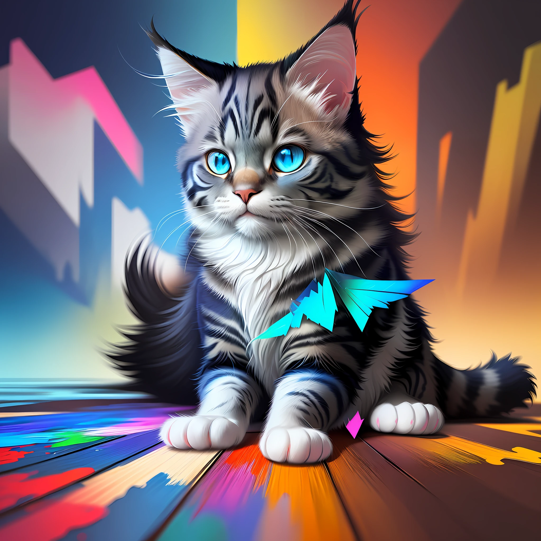 a painting of a colorful cat with blue eyes, a digital painting, Behance contest winner, hd vector art, Maine coon, blurred and dreamy illustration, super detailed color low poly art