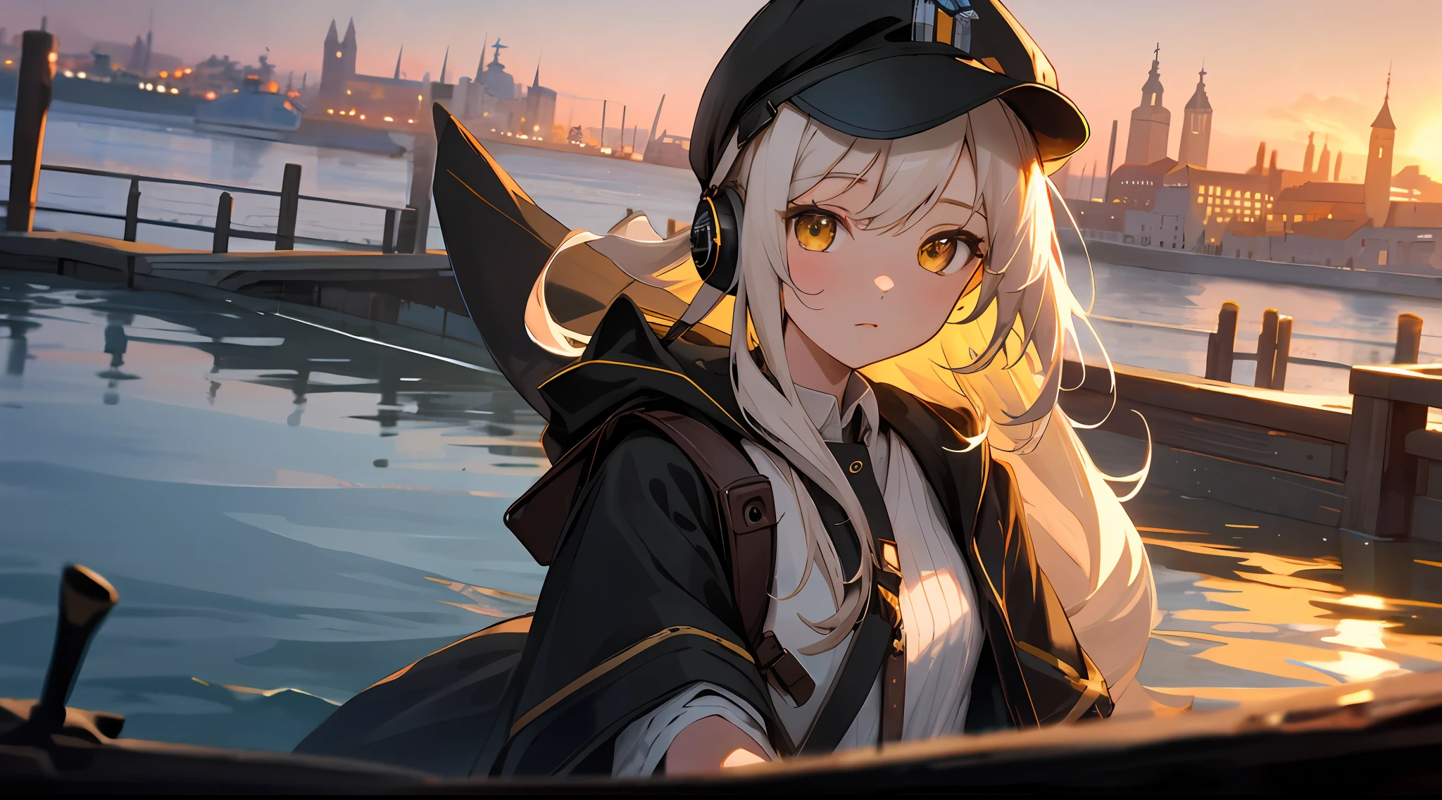Medium shot, medium shot, depth of field, bust, upper body, cinematic angle, masterpiece, best quality, super detailed, CG, 8K wallpaper, pretty face, delicate eyes, a maiden, solo, white long hair, yellow eyes, hairpins, white shirt, black hooded jacket, black baseball cap, black stockings, black over-the-knee boots, backpack, wearing headphones, sunset, medieval port, port with wooden floor, detailed water surface, sun reflection