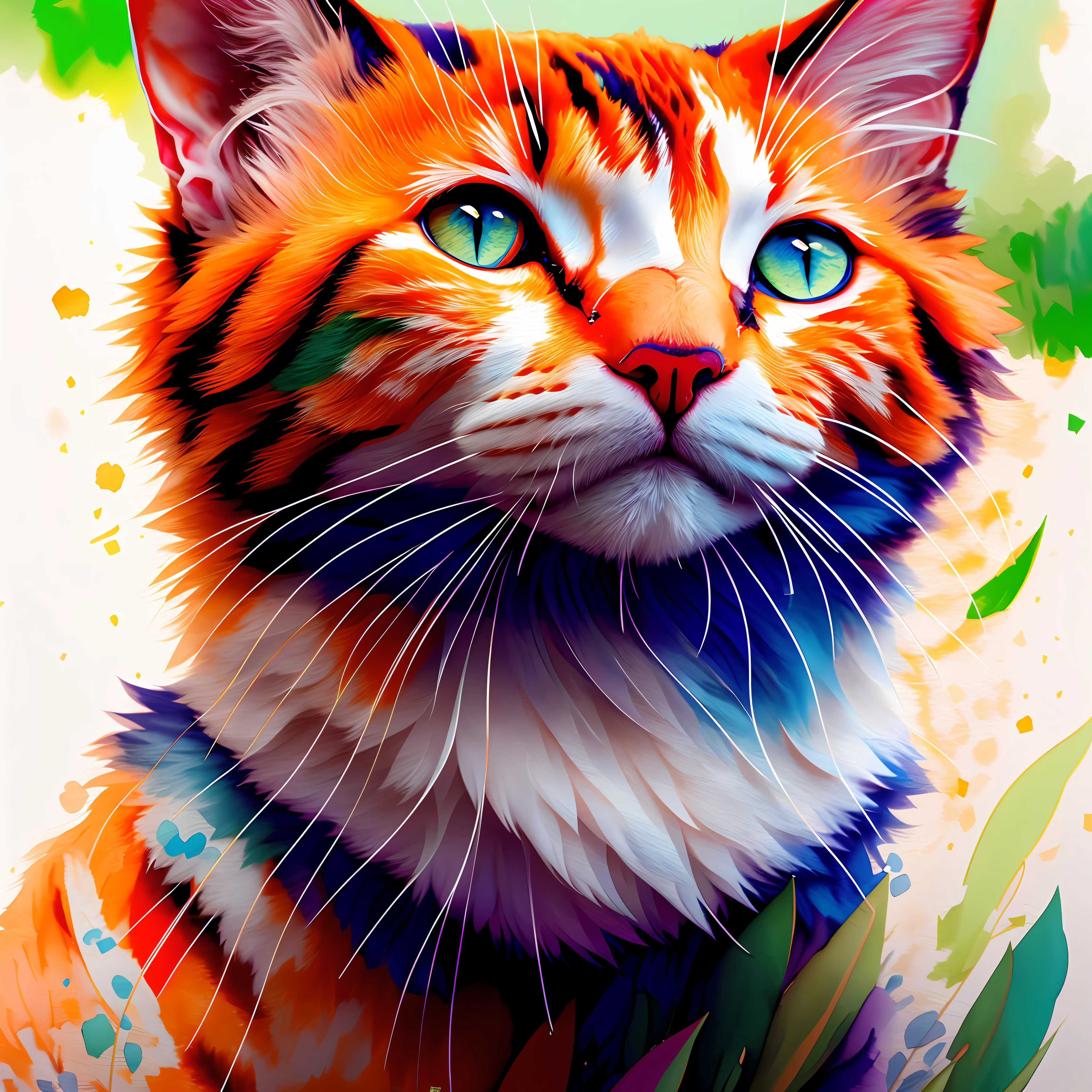 brightly colored cat with blue eyes and green eyes sitting in front of a white background, cat. digital painting, adorable digital painting, digital painting highly detailed, vibrant digital painting, highly detailed digital painting, colorful digital painting, vibrant realistic colors, stunning digital painting, painted in bright water colors, detailed painting 4 k, beautiful digital artwork, digital art animal photo, glossy digital painting