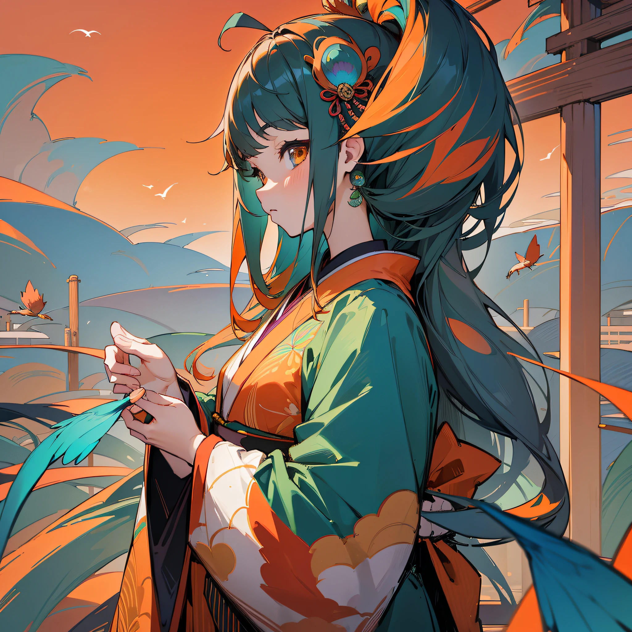 Masterpiece, best quality, {best quality}, {{masterpiece}}, {highres}, drawing, 2d digital drawing, anime, 1girl, anime girl, adult, exotic, long hair, colored hair, colors, colorful, orange sky, bird, bird, bird, peacock, japanese clothing, kimono, ornithologist --auto --s2