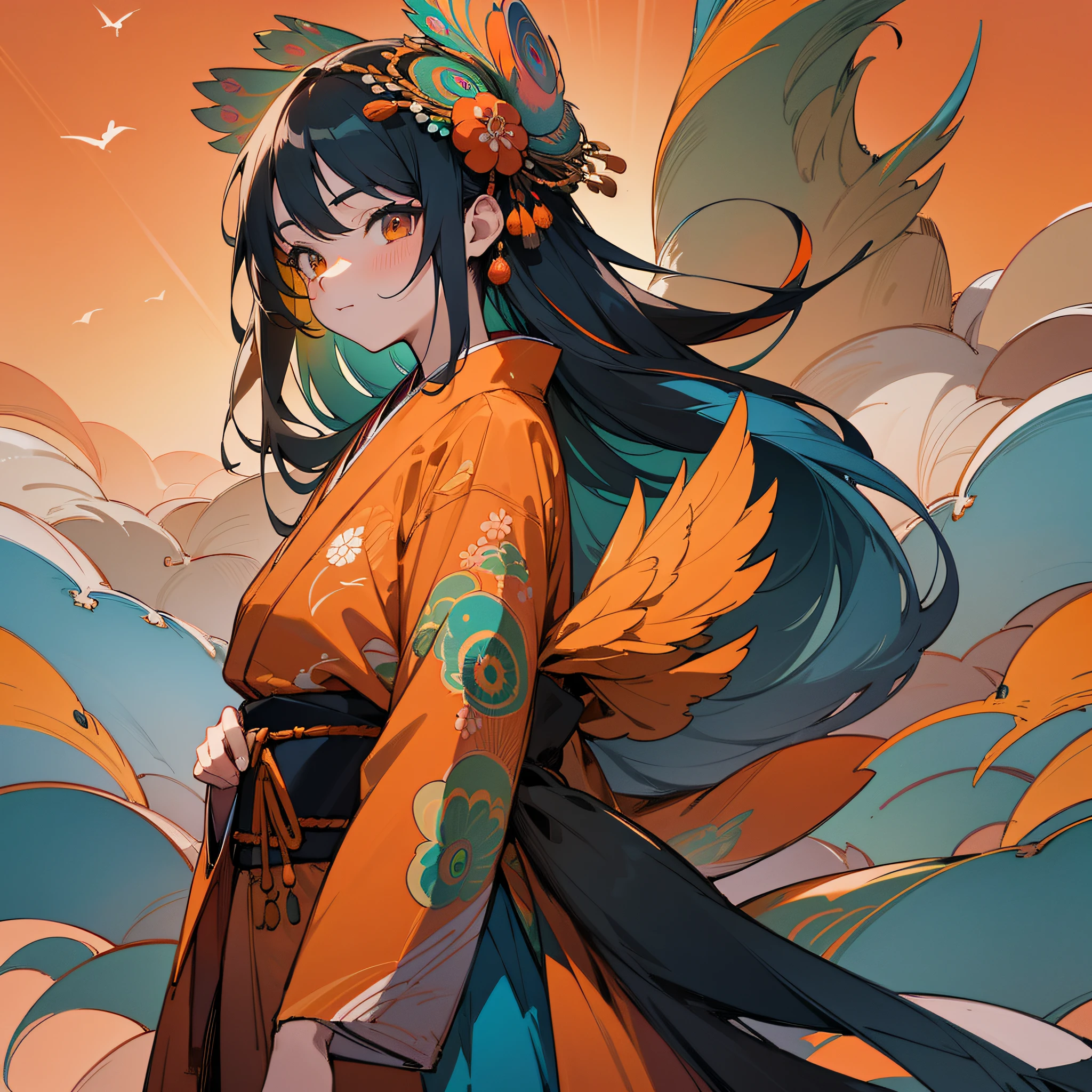 Masterpiece, best quality, {best quality}, {{masterpiece}}, {highres}, drawing, 2d digital drawing, anime, 1girl, anime girl, adult, exotic, long hair, colored hair, colors, colorful, orange sky, bird, bird, bird, peacock, japanese clothing, kimono, ornithologist --auto --s2
