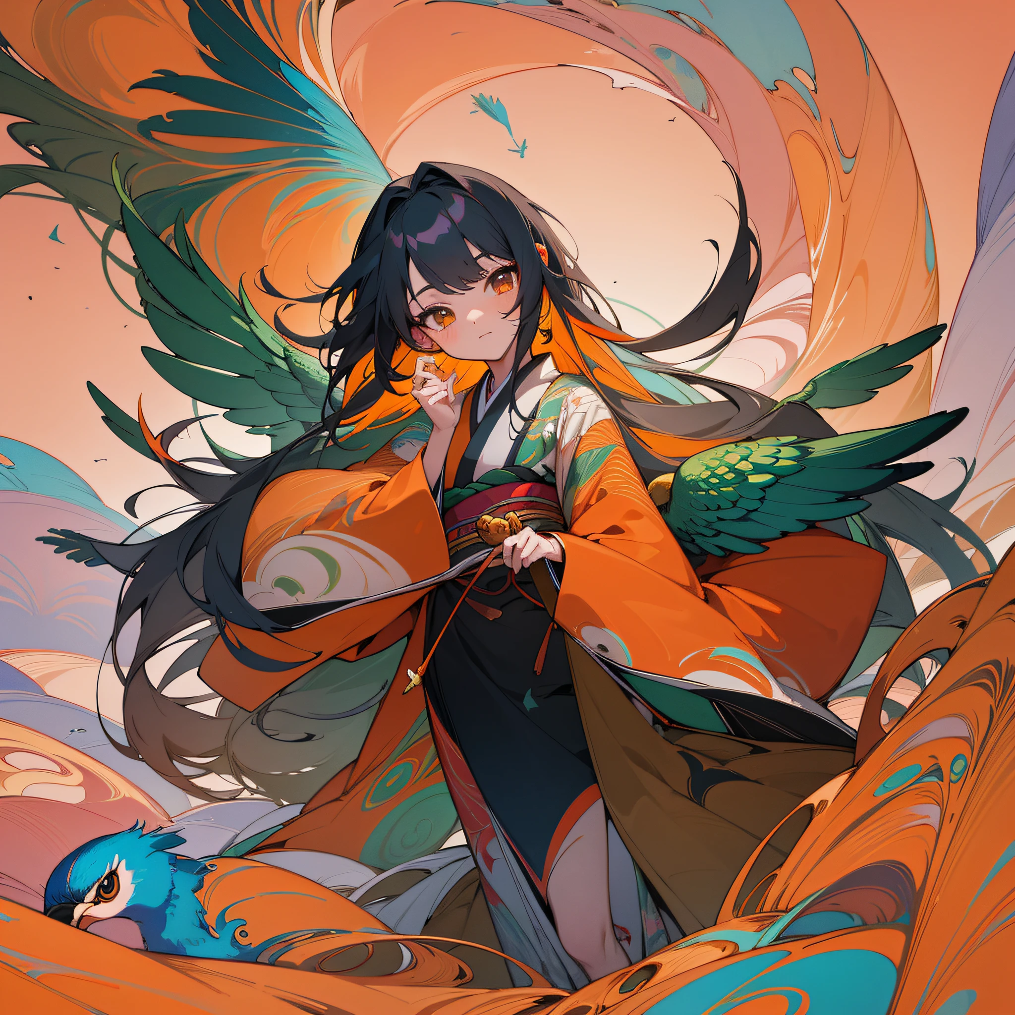 Masterpiece, best quality, {best quality}, {{masterpiece}}, {highres}, drawing, 2d digital drawing, anime, 1girl, anime girl, adult, exotic, long hair, colored hair, colors, colorful, orange sky, bird, bird, bird, peacock, japanese clothing, kimono, ornithologist --auto --s2
