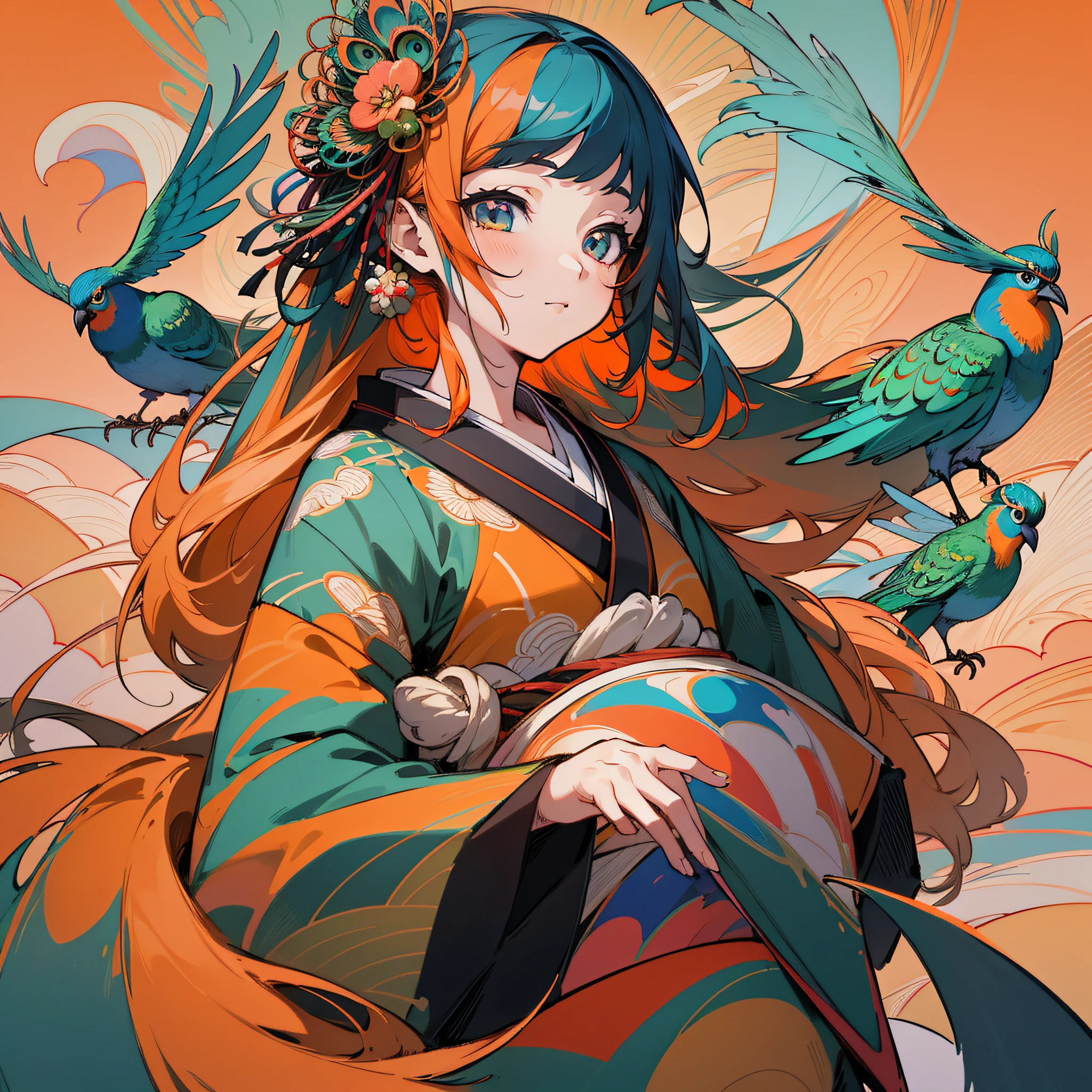 Masterpiece, best quality, {best quality}, {{masterpiece}}, {highres}, drawing, 2d digital drawing, anime, 1girl, anime girl, adult, exotic, long hair, colored hair, colors, colorful, orange sky, bird, bird, bird, peacock, japanese clothing, kimono, ornithologist --auto --s2