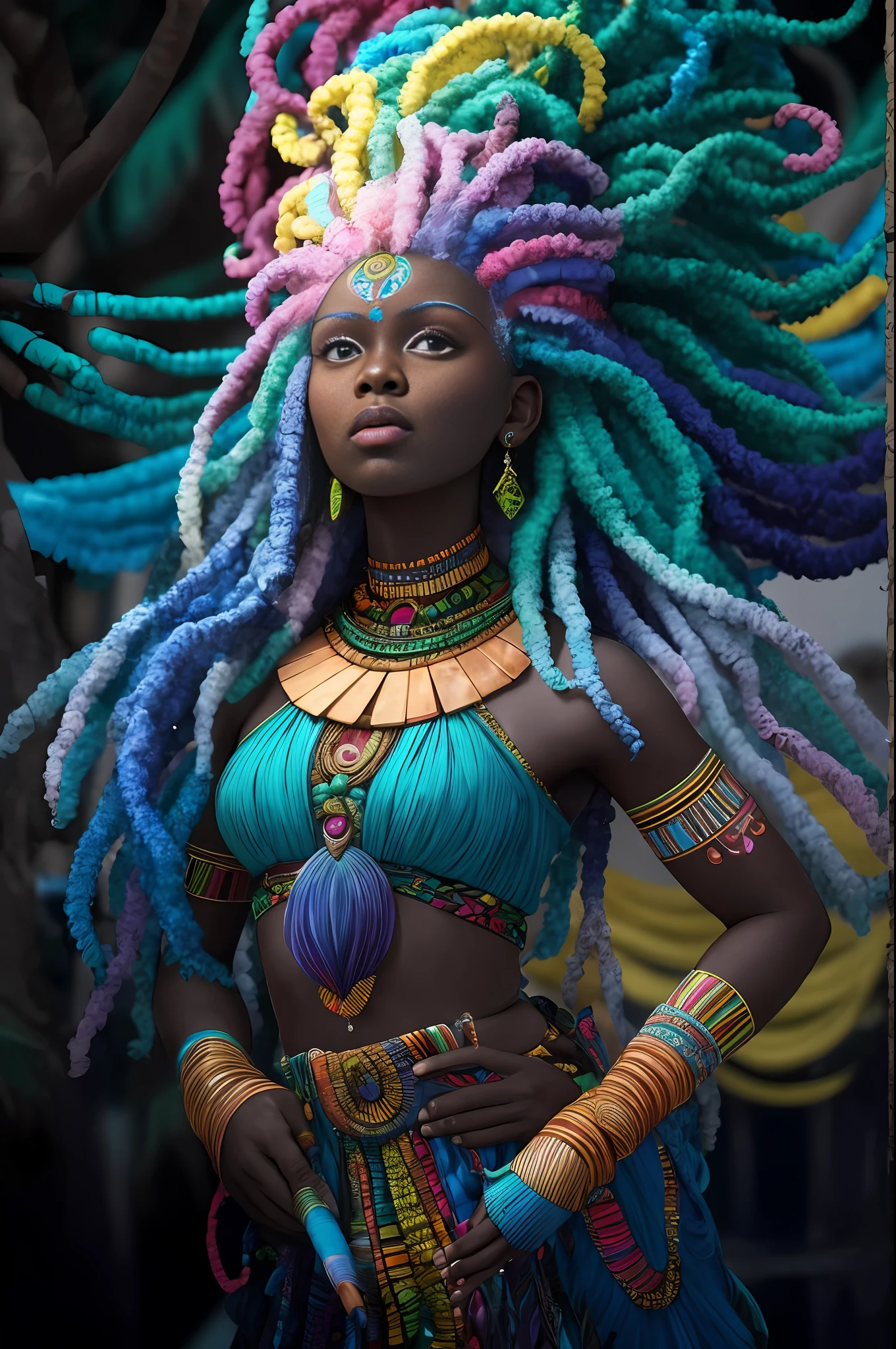 african goddess, beautiful face, luxuriant afro-textured messed rainbow hair, dark skin, heterochromia eyes, really curly hair