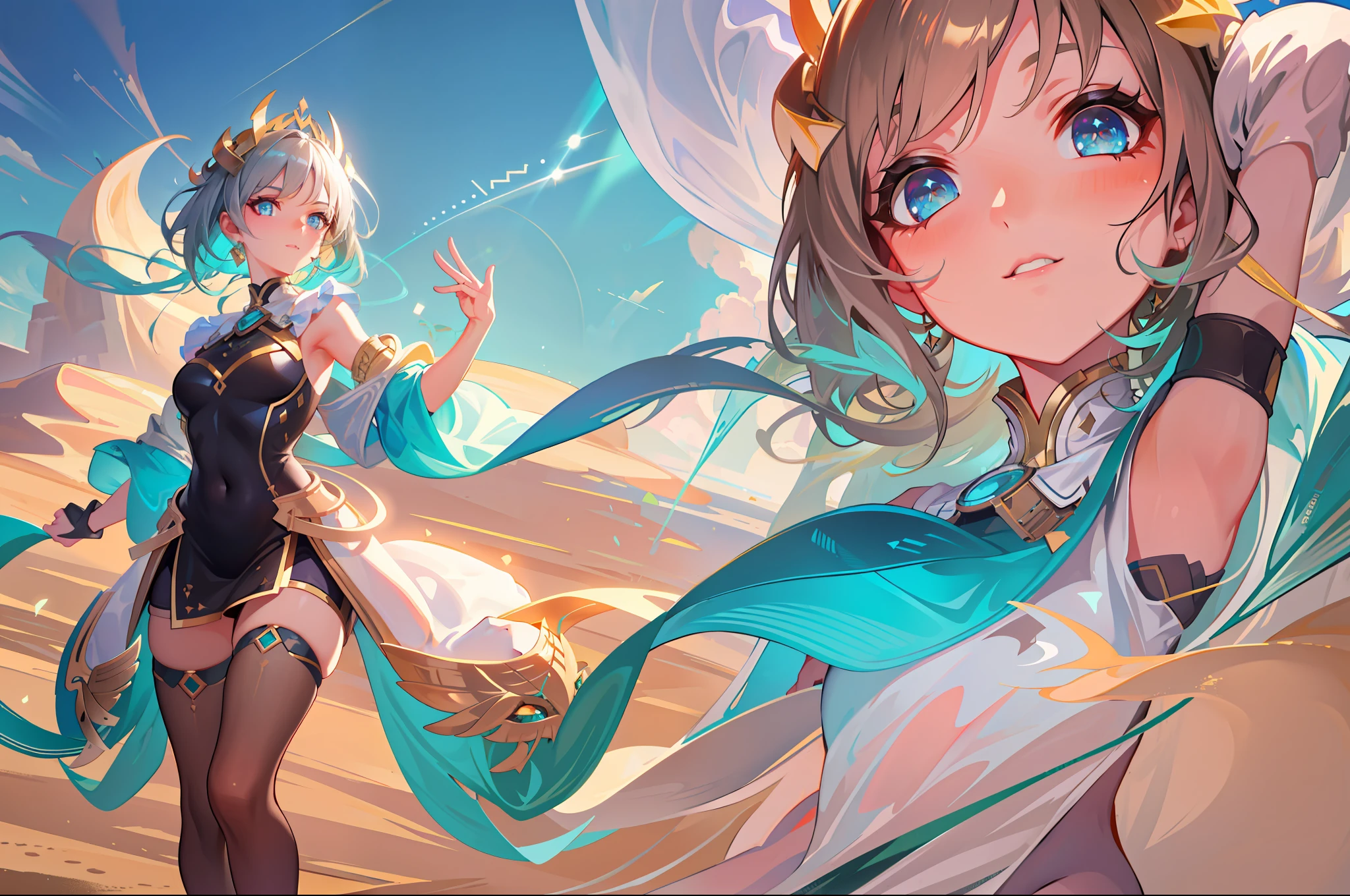 masterpiece, highres, best quality, UHD, super detail, award winning, retina, 16k, (detailed background), (sand dunes), cloudy sky, sunrays, 1 girl, turquoise eyes, godess, (floating), (zoom out)