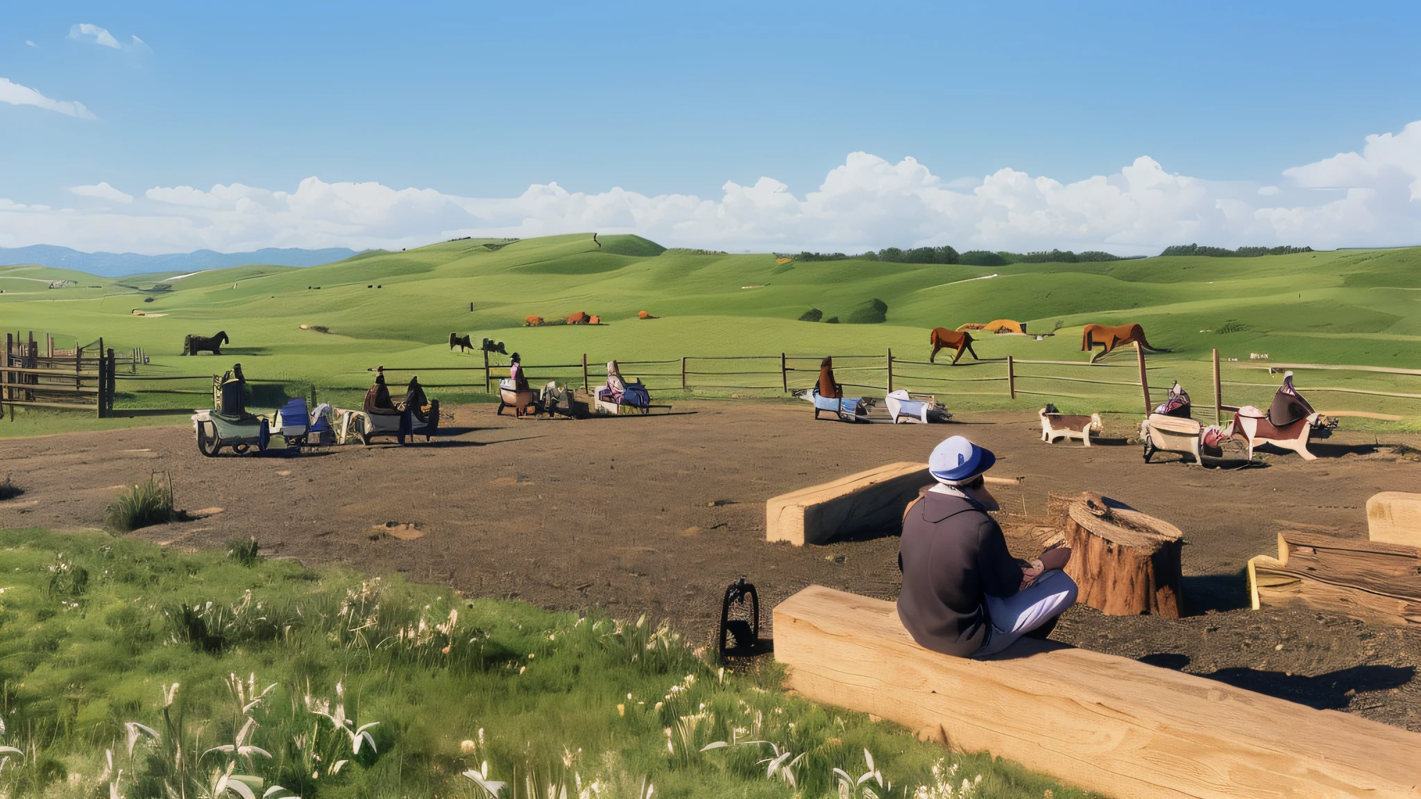 Horse farm rest area, add details of tool ornaments, horses running in the distance, real light and shadow