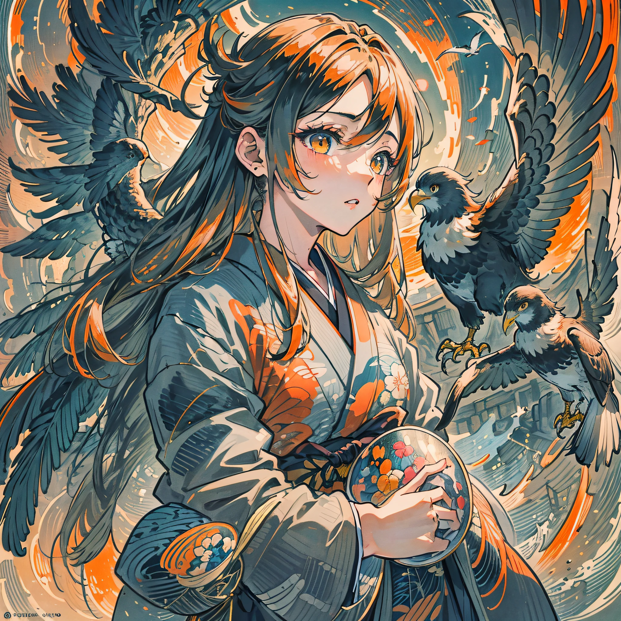 Masterpiece, best quality, {best quality}, {{masterpiece}}, {highres}, drawing, 2d digital drawing, anime, 1girl, anime girl, adult, exotic, long hair, colored hair, colors, colorful, orange sky, bird, bird, bird, eagle, japanese clothing, kimono, ornithologist --auto --s2