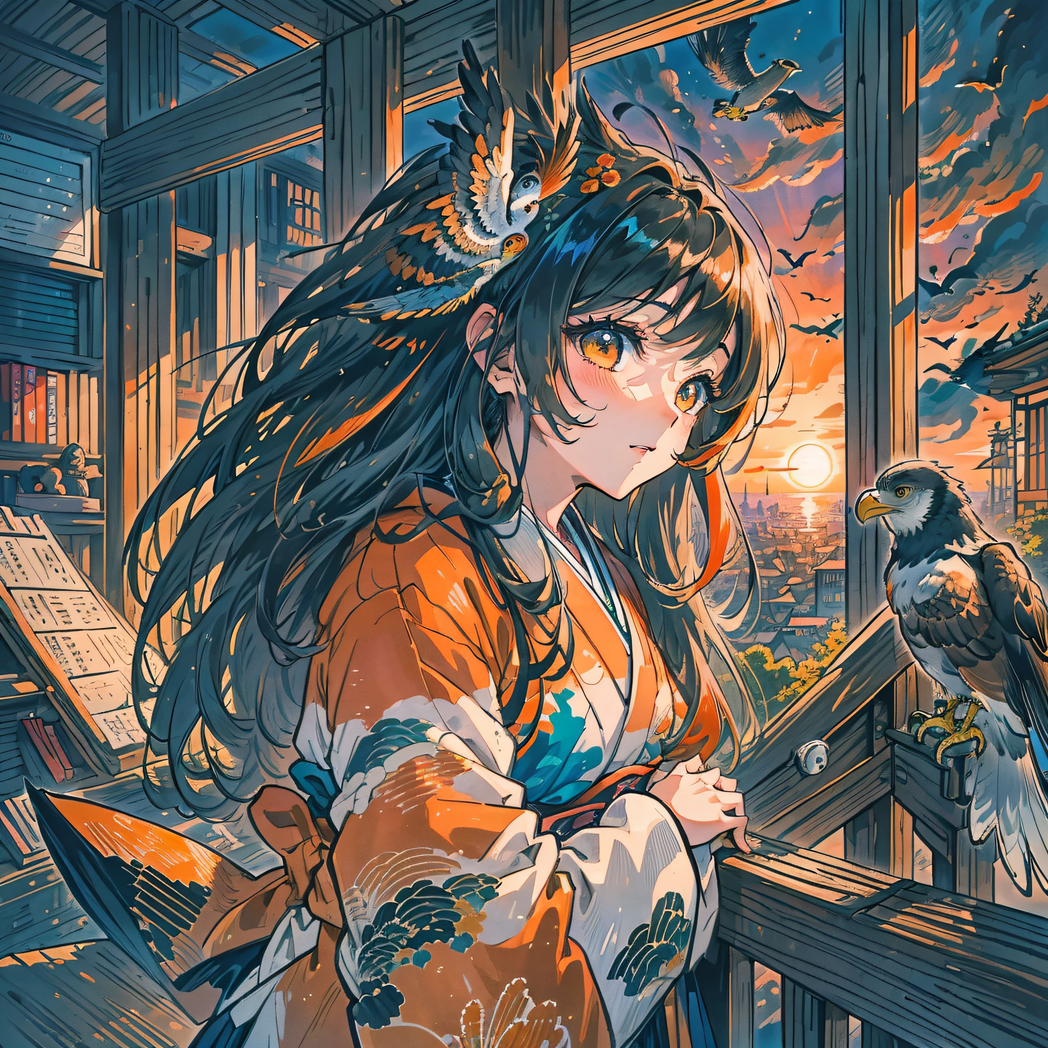 Masterpiece, best quality, {best quality}, {{masterpiece}}, {highres}, drawing, 2d digital drawing, anime, 1girl, anime girl, adult, exotic, long hair, colored hair, colors, colorful, orange sky, bird, bird, bird, eagle, japanese clothing, kimono, ornithologist --auto --s2