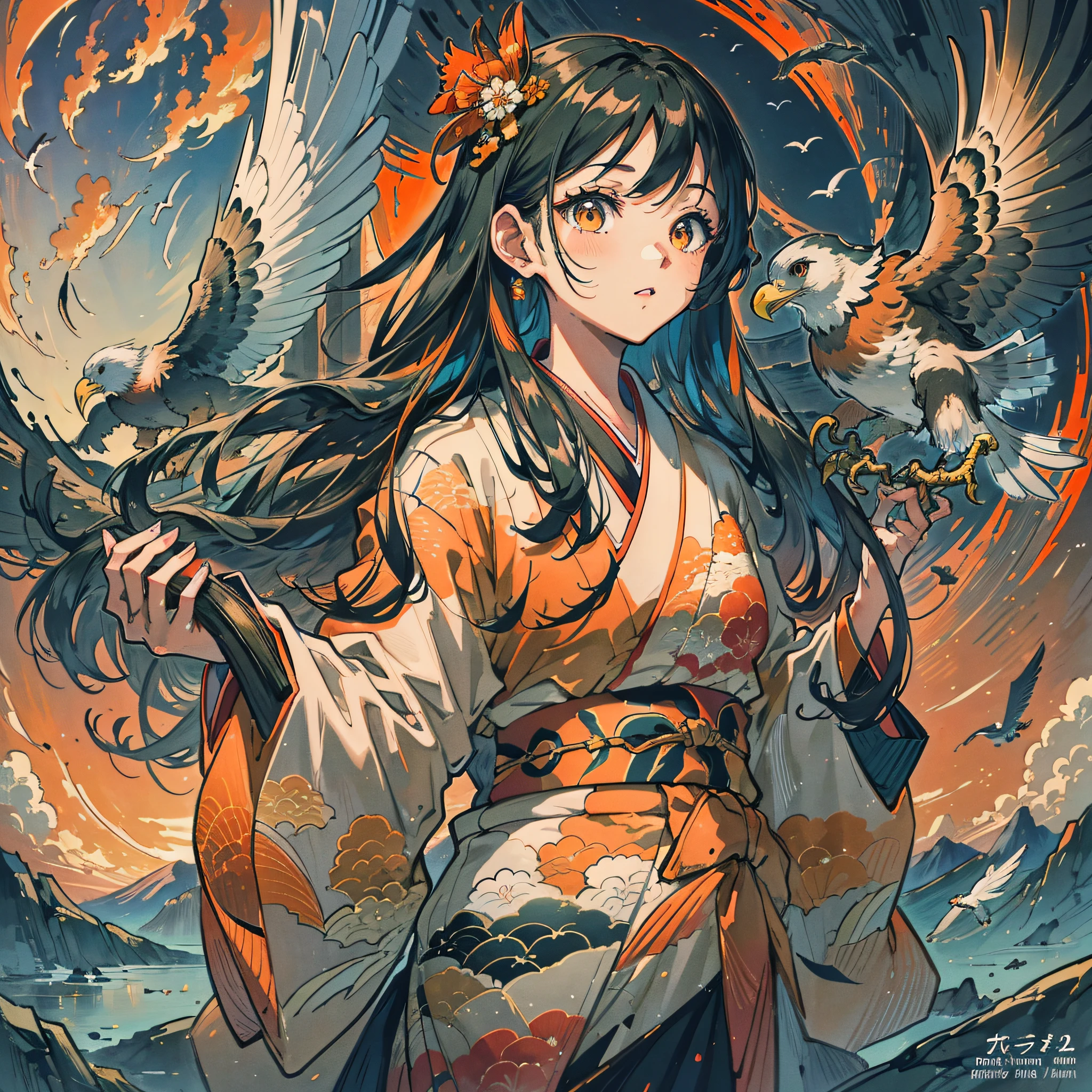 Masterpiece, best quality, {best quality}, {{masterpiece}}, {highres}, drawing, 2d digital drawing, anime, 1girl, anime girl, adult, exotic, long hair, colored hair, colors, colorful, orange sky, bird, bird, bird, eagle, japanese clothing, kimono, ornithologist --auto --s2