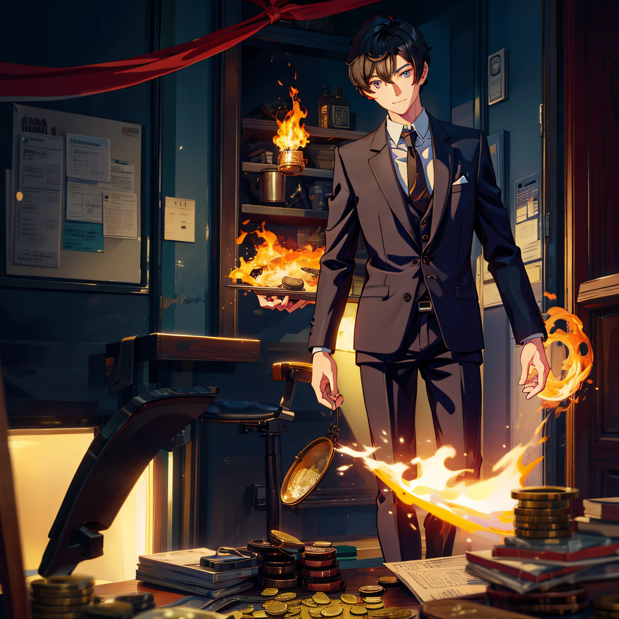Male, short black hair, fine eyes, suit, burning coins, dim environment, bad smile
