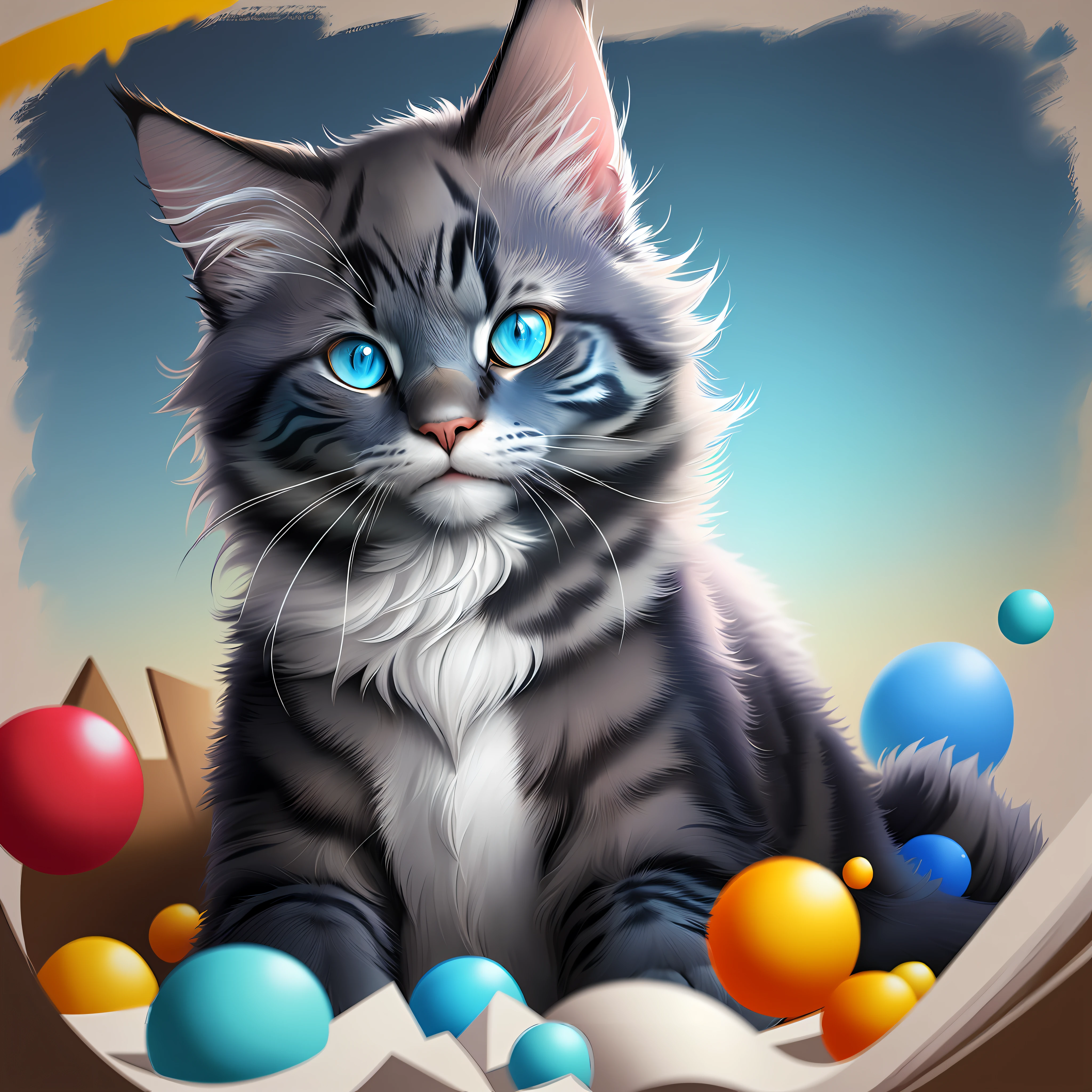 a painting of a colorful cat with blue eyes, a digital painting, Behance contest winner, hd vector art, Maine coon, blurred and dreamy illustration, super detailed color low poly art