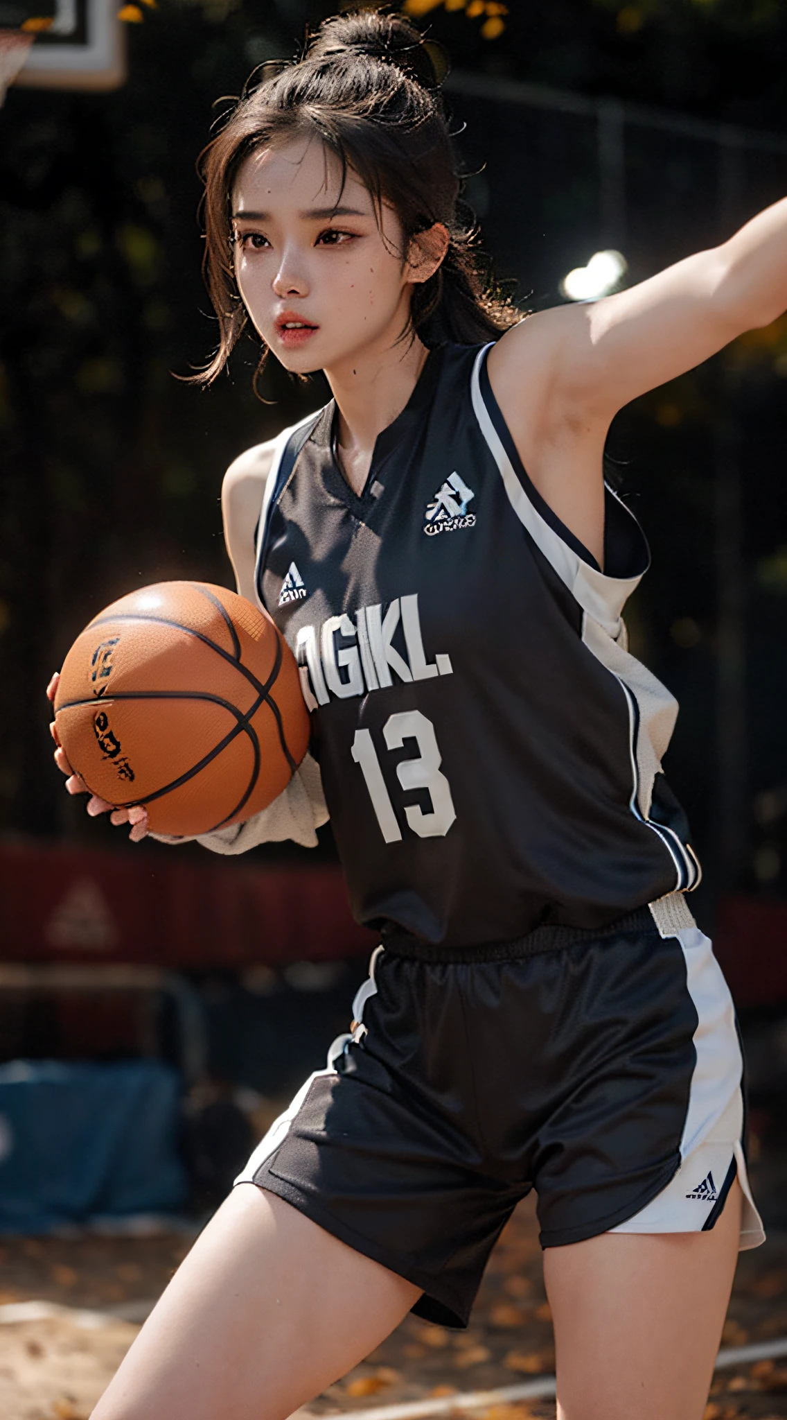 (more beautiful),(jersey+ sportswear:1.2),(dynamic pose),(fierce expression),(brown skin),(sweat beads),(cool shadow)+(bright illumination),(basketball court),海报风格, 特写镜头，富有动感。