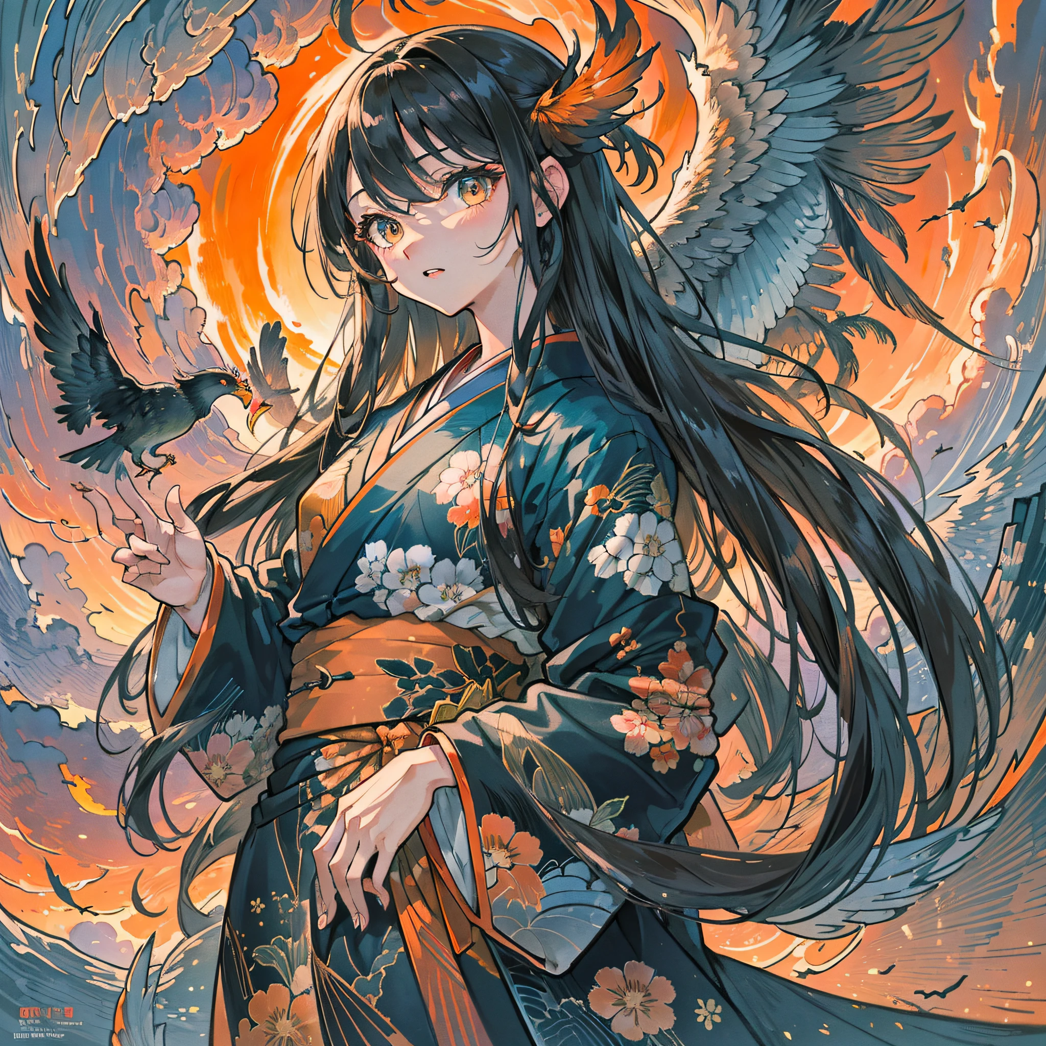 Masterpiece, best quality, {best quality}, {{masterpiece}}, {highres}, drawing, 2d digital drawing, anime, 1girl, anime girl, adult, exotic, long hair, colored hair, colors, colorful, orange sky, bird, bird, bird, phoenix, phoenix, japanese clothing, kimono, ornithologist --auto --s2