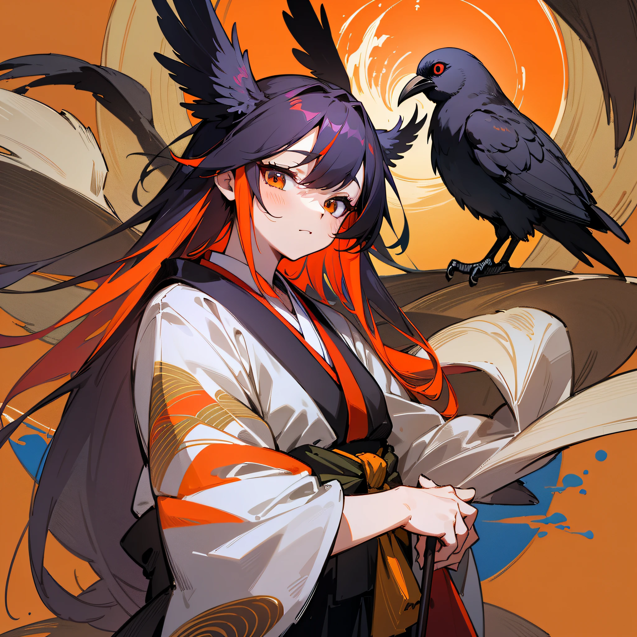 Masterpiece, best quality, {best quality}, {{masterpiece}}, {highres}, drawing, 2d digital drawing, anime, 1girl, anime girl, adult, exotic, long hair, colored hair, colors, colorful, orange sky, bird, bird, bird, raven, crow, japanese clothing, kimono, ornithologist, tengu --auto --s2
