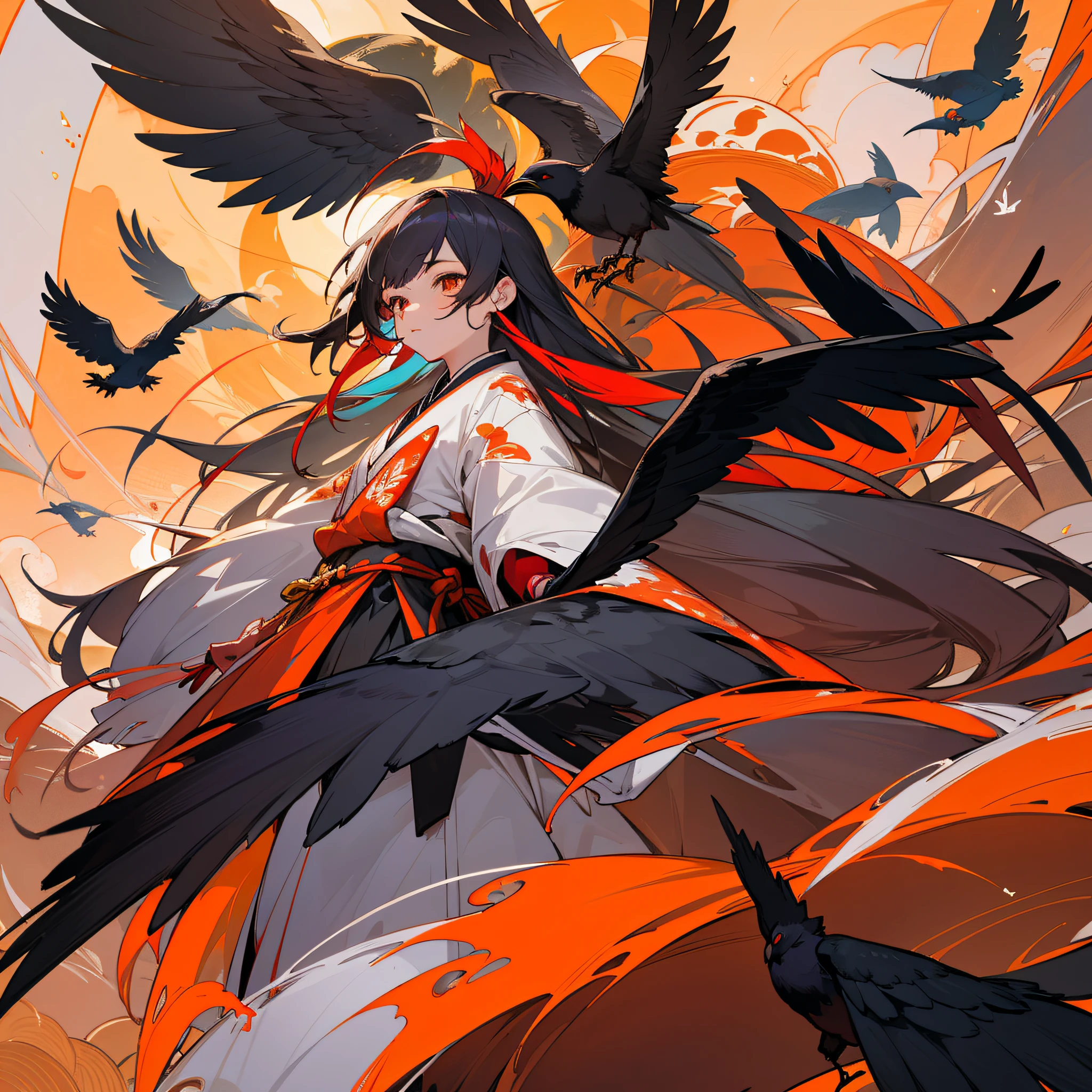 Masterpiece, best quality, {best quality}, {{masterpiece}}, {highres}, drawing, 2d digital drawing, anime, 1girl, anime girl, adult, exotic, long hair, colored hair, colors, colorful, orange sky, bird, bird, bird, raven, crow, japanese clothing, kimono, ornithologist, tengu --auto --s2