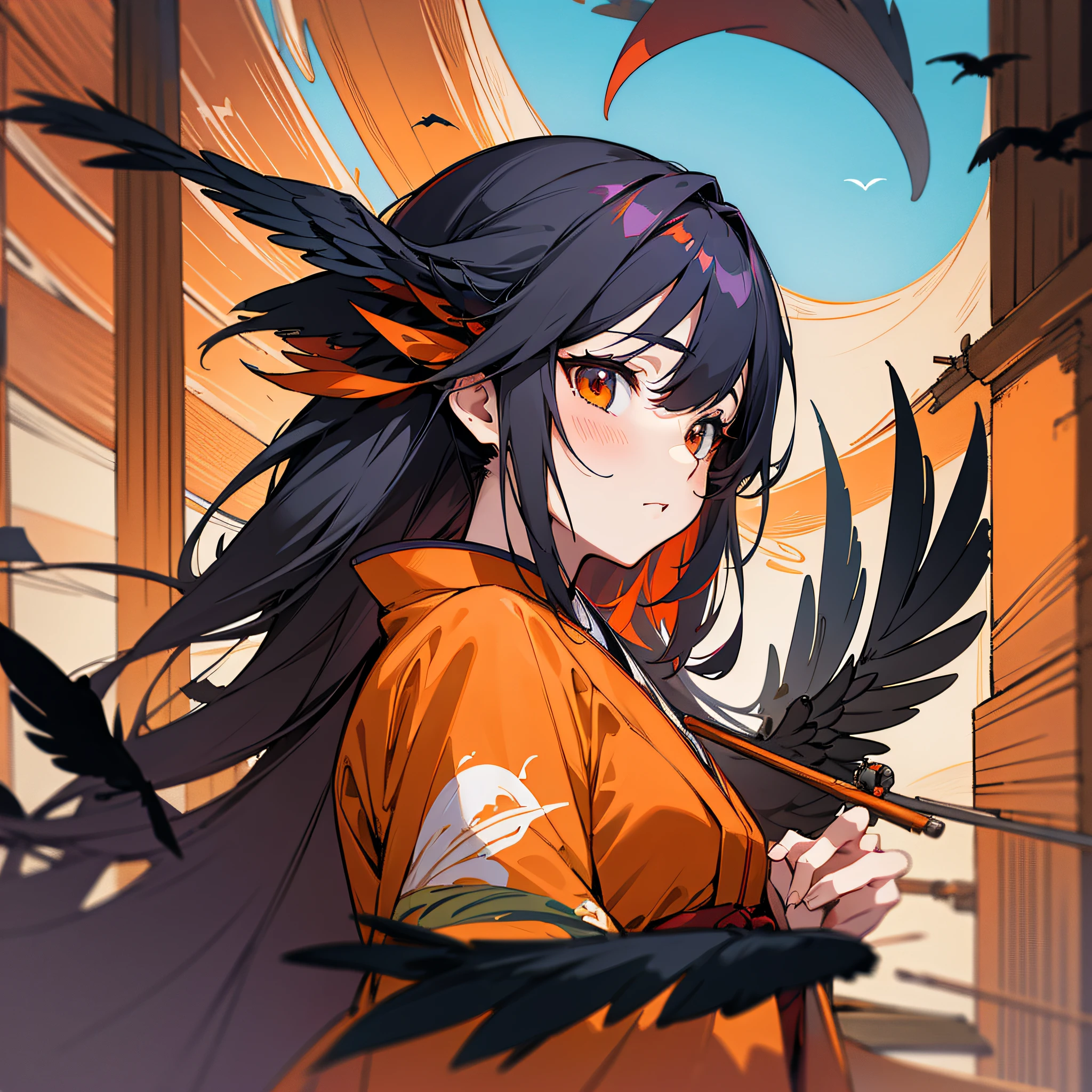 Masterpiece, best quality, {best quality}, {{masterpiece}}, {highres}, drawing, 2d digital drawing, anime, 1girl, anime girl, adult, exotic, long hair, colored hair, colors, colorful, orange sky, bird, bird, bird, raven, crow, japanese clothing, kimono, ornithologist, tengu --auto --s2