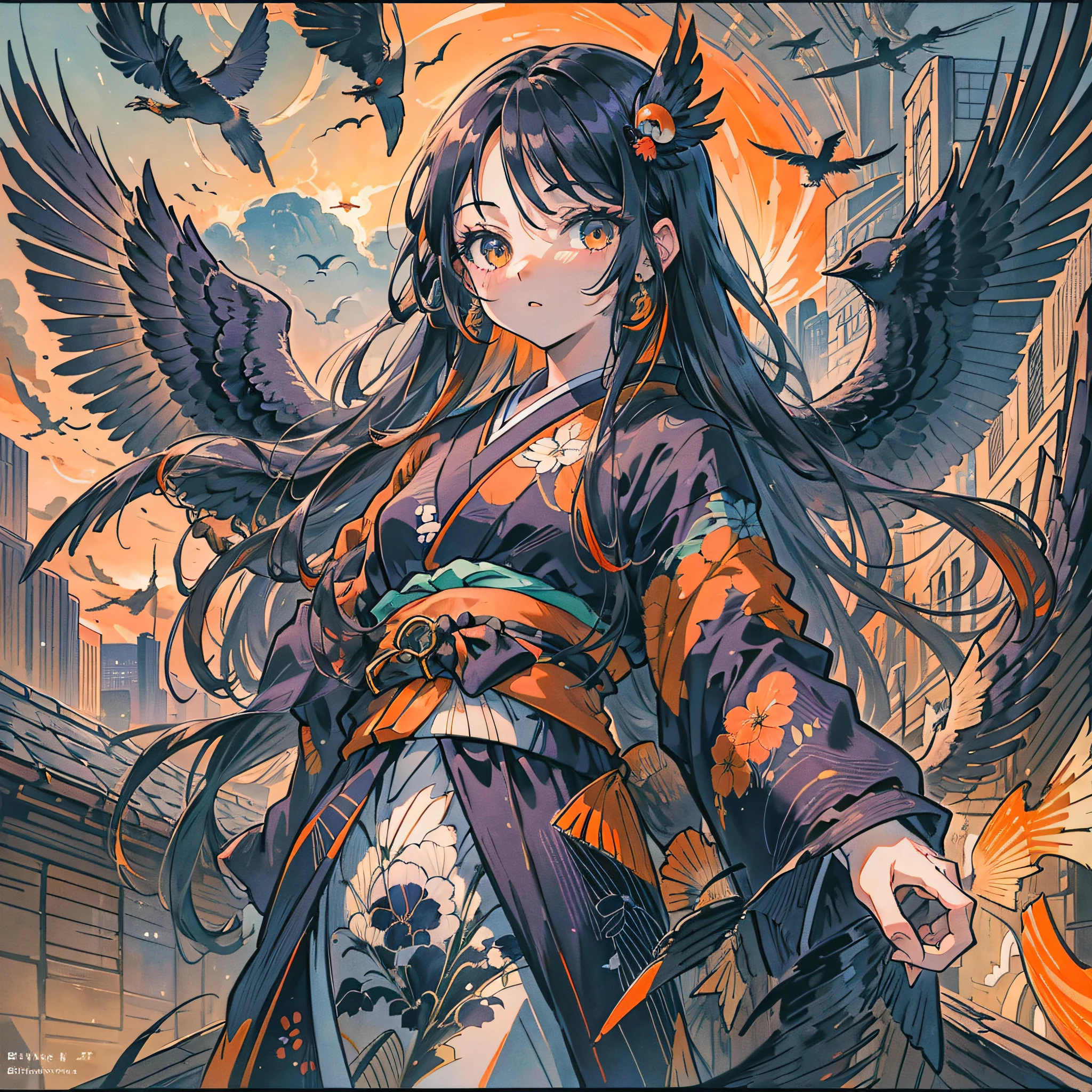 Masterpiece, best quality, {best quality}, {{masterpiece}}, {highres}, drawing, 2d digital drawing, anime, 1girl, anime girl, adult, exotic, long hair, colored hair, colors, colorful, orange sky, bird, bird, bird, raven, crow, japanese clothing, kimono, ornithologist --auto --s2