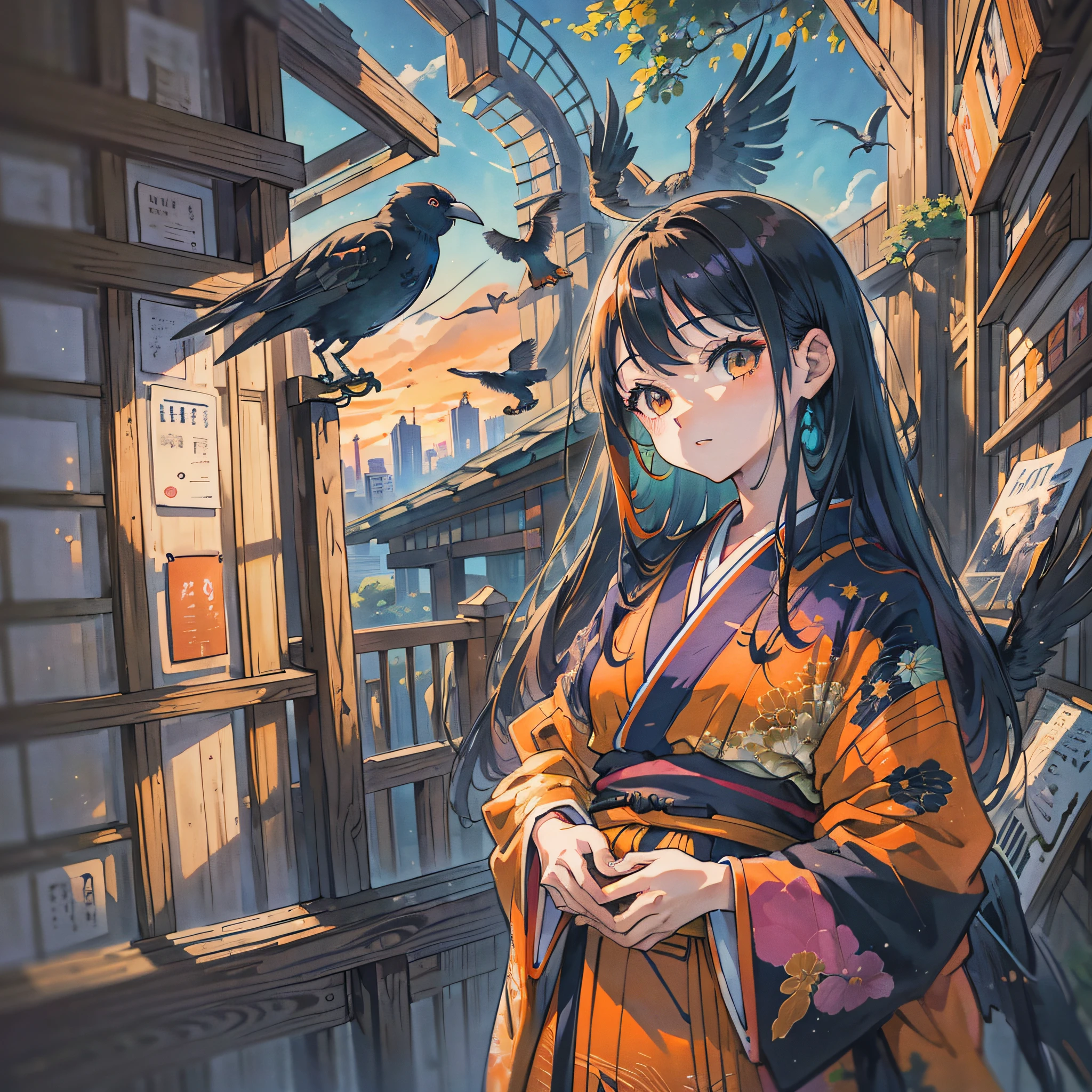 Masterpiece, best quality, {best quality}, {{masterpiece}}, {highres}, drawing, 2d digital drawing, anime, 1girl, anime girl, adult, exotic, long hair, colored hair, colors, colorful, orange sky, bird, bird, bird, raven, crow, japanese clothing, kimono, ornithologist --auto --s2
