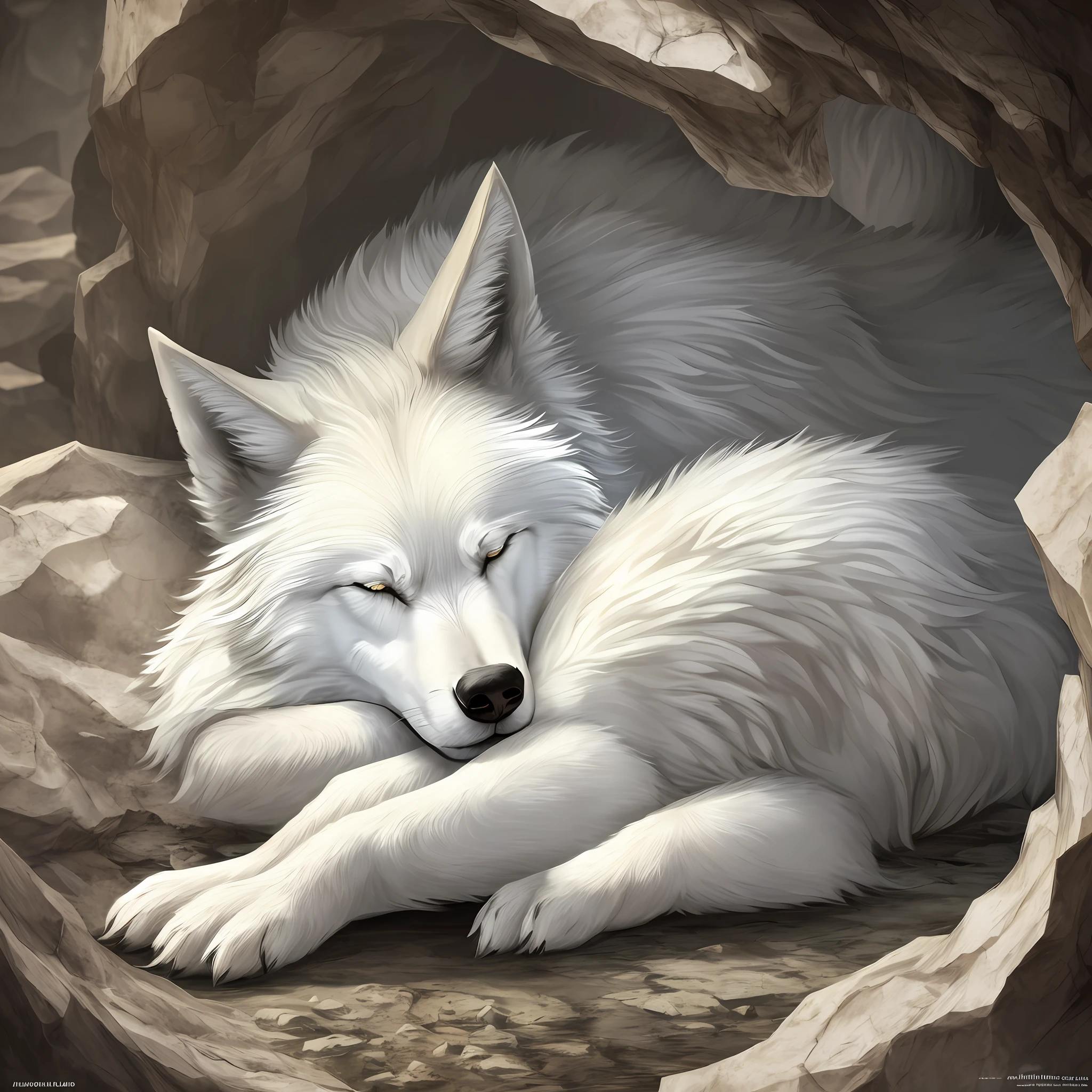 Gigantic White Wolf sleeping in a caverna, Best Quality, Full HD, Realistic