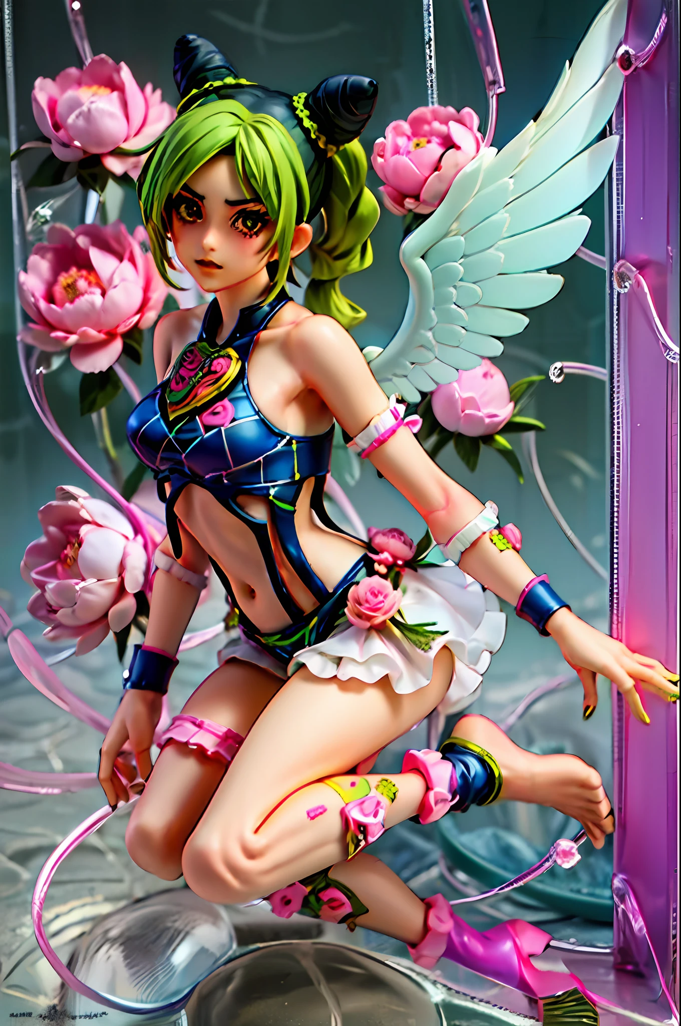 Jolyne, 1girl, green hair, ponytail, perfect body, soft skin, 4digists 1thumb, freefalling, medium chest, Holding a peony, intricate hair, ((peony)), angel wings, fullbody figure